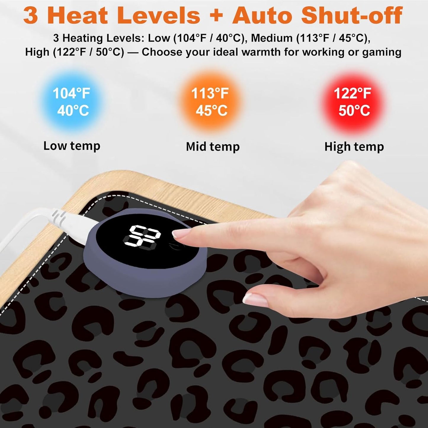 Small Heated Desk Pad 23.6" x 14.2" – Compact Electric Mouse Pad with 3 Heating Levels, Auto Shut-Off, Waterproof PU Surface, Plug-in Warmer for Office or Home Use, Dark Leopard Print