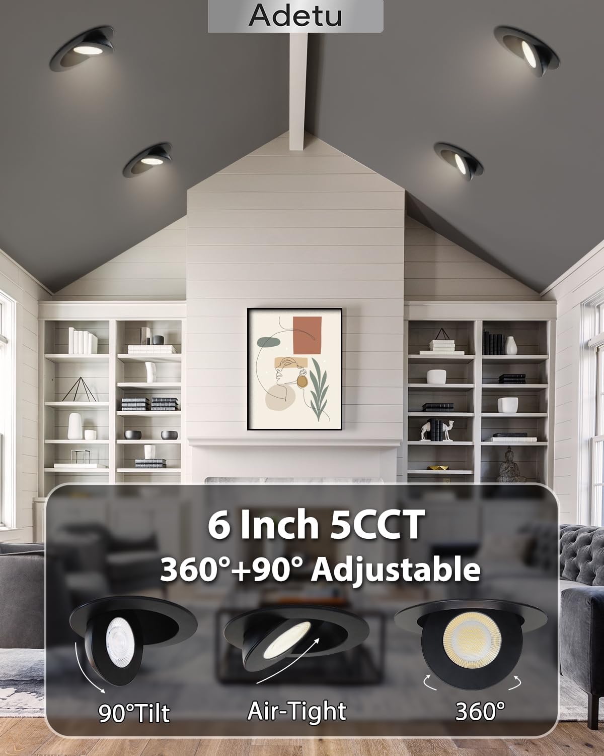 Adetu Led Recessed Lighting 6 inch, 360°+90° Adjustable Directional Gimbal 6 inch Led Recessed Light, 2700K-5000K 5CCT Dimmable Retrofit Eyeball Can Recessed Lights with Jbox, ET (Black,6 Pack)