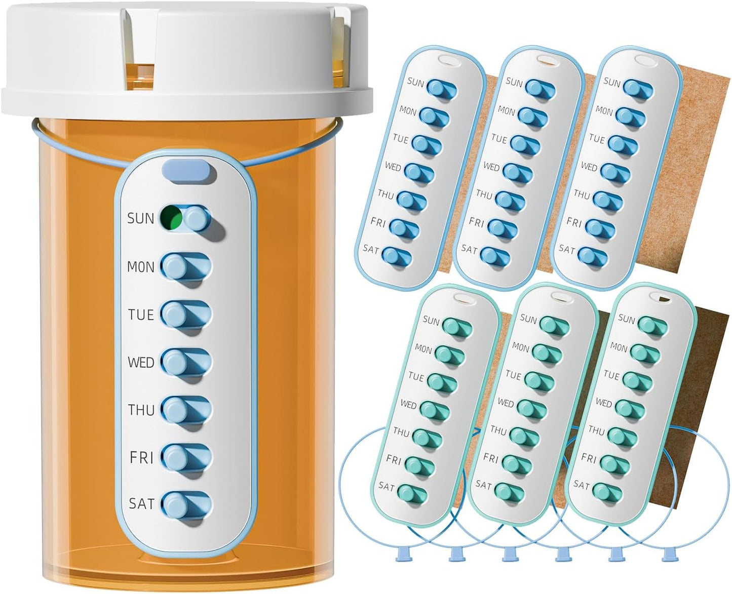 Odaro 6 Pack Pill Reminder, Lanyad or Sticker Pill Tracker, Work with Most Bottles, Reusable Medication Tracker Replacement of Vitamin Weekly (7 Day) Medicine Organizer