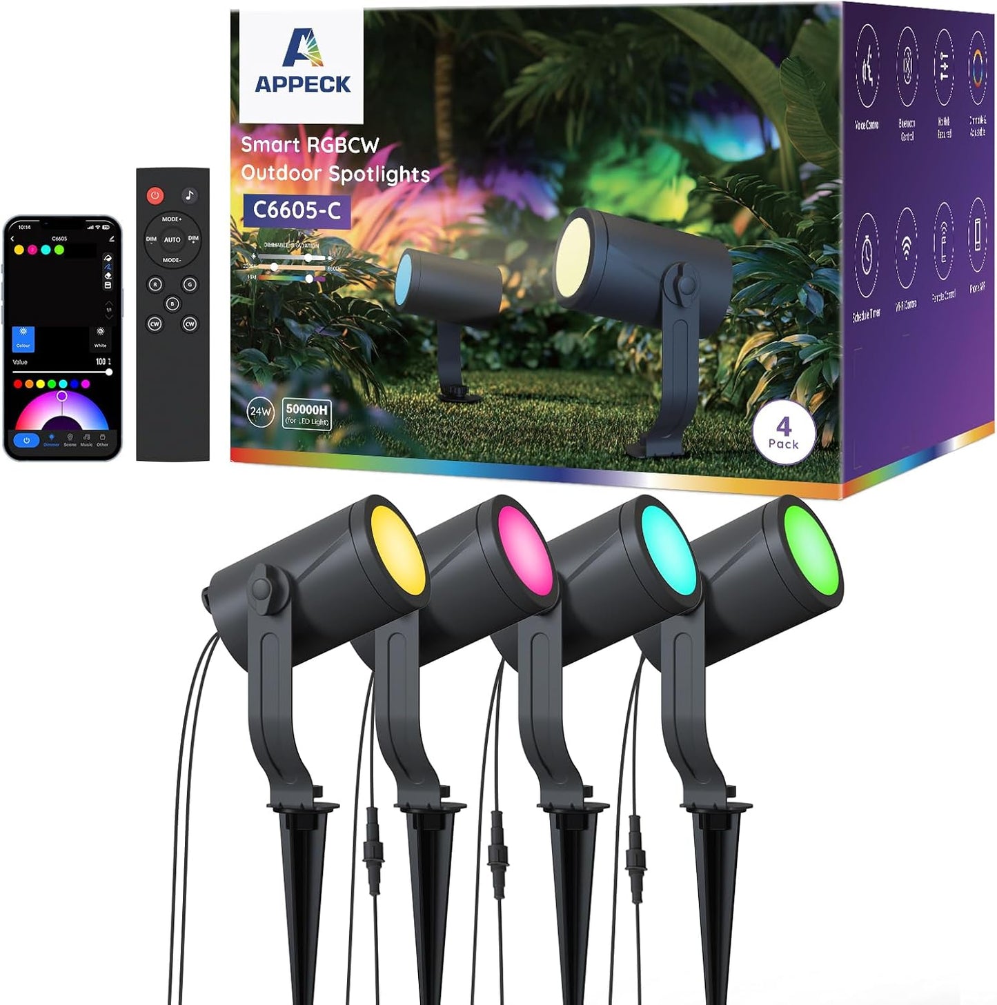 APPECK Smart Outdoor Spot Lights 24W, RGBCW Color Changing Landscape Lights 4 Pack, IP65 Waterproof Low Voltage Landscape Lighting, App/Voice/Remote Control, for Garden Yard Pathway Holiday Decor