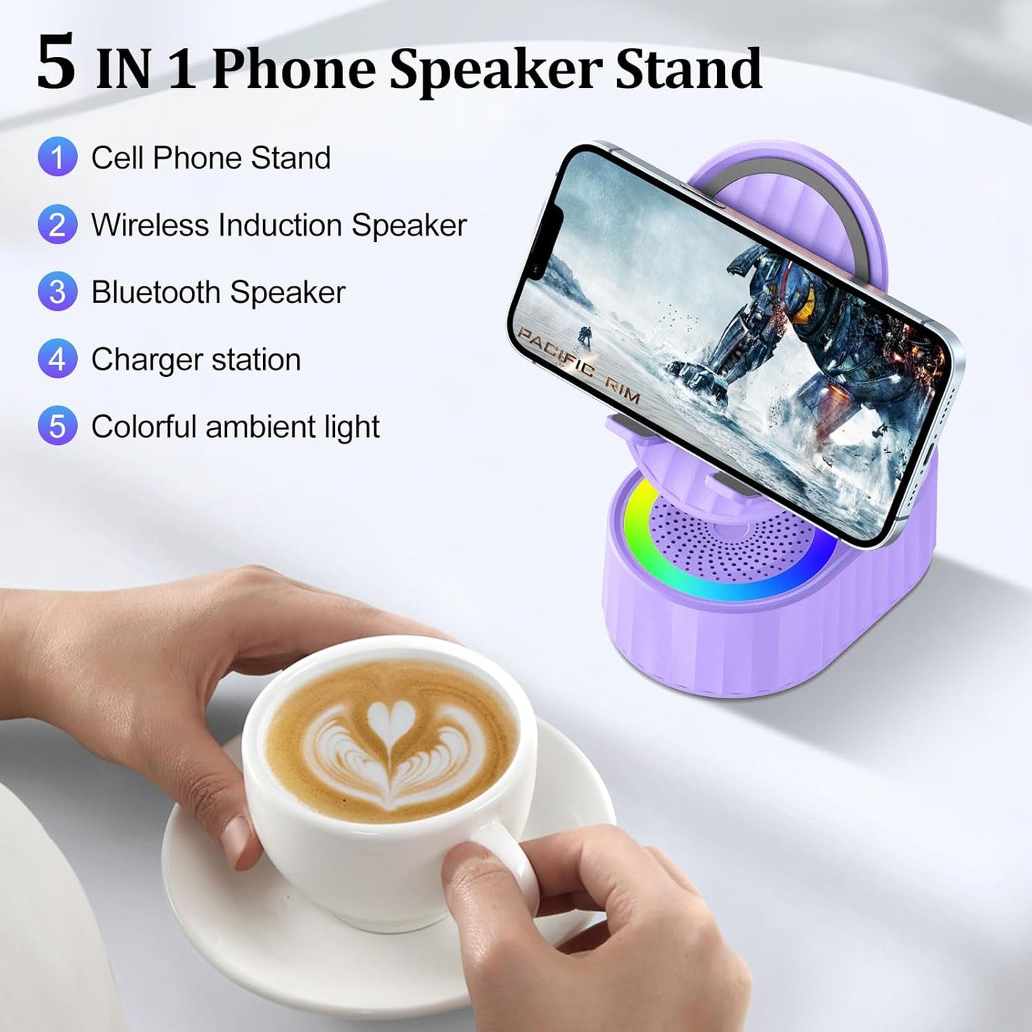 Wireless Induction Audio Bluetooth Speaker 5in1 Phone Holder Emergency Rechargeable (3000mAh) with Colorful Ambient Light 300° Foldable for Tablet iPhone Android, Gifts for Men Women