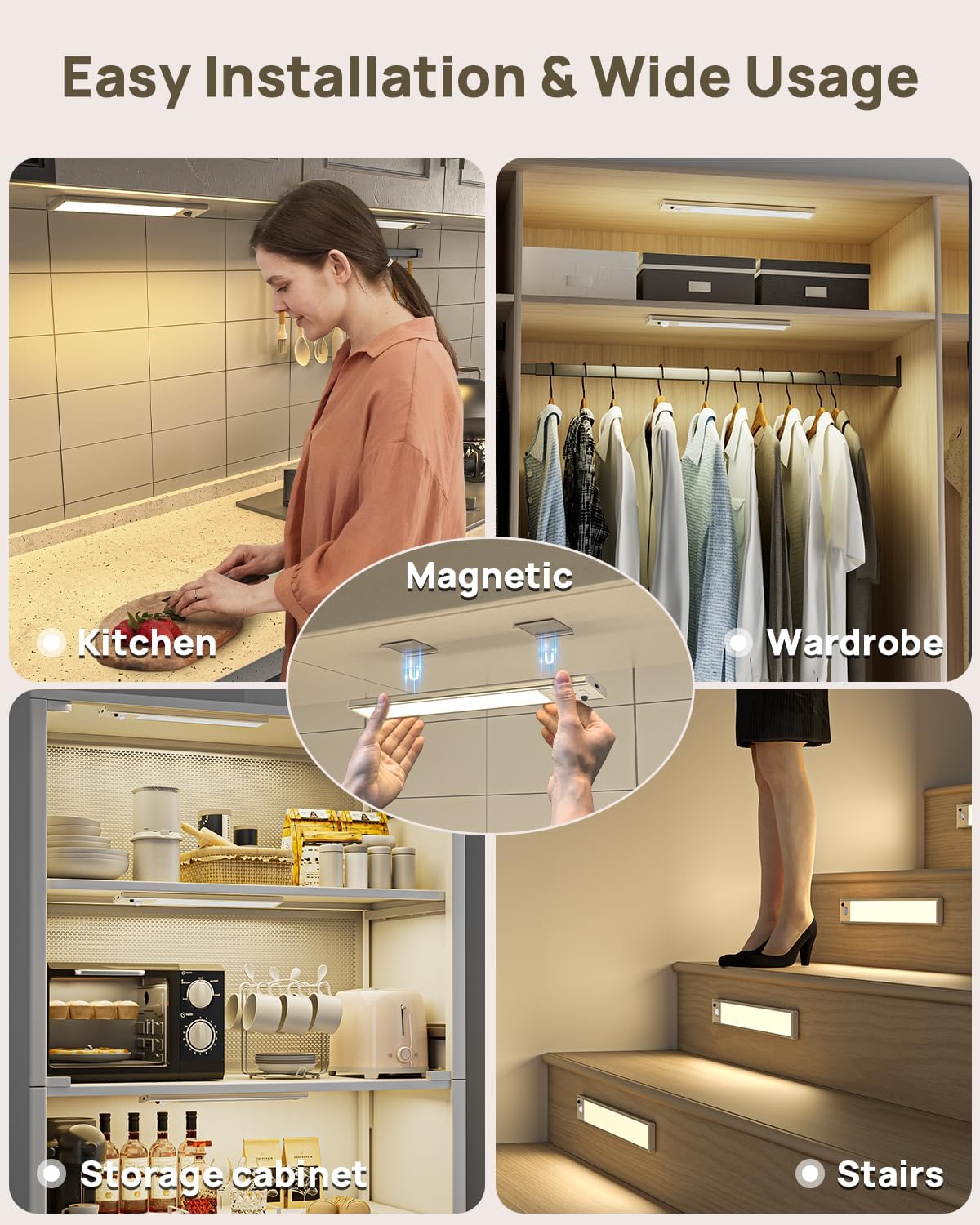 Under Cabinet Lighting with Remote Control,2500mAh USB Rechargeable Motion Sensor Light Indoor,350 Lumen LED Closet Lights,3 Color Temps Wireless Under Counter Lights for Kitchen,Pantry, Stair, 4 Pack
