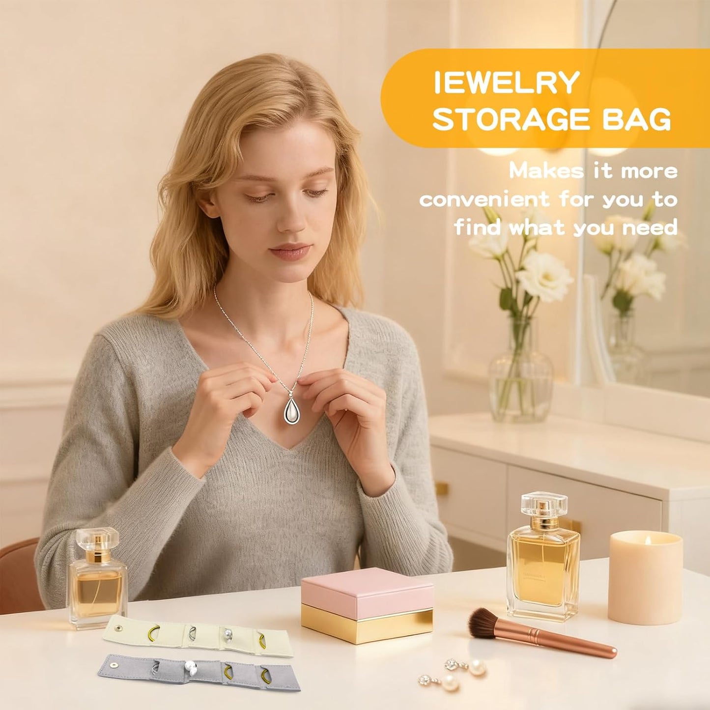 2 PCS Mini Travel Jewelry Bag with Buckle, Portable Foldable Roll Bag for Earrings, Rings, Necklaces and Compact Storage