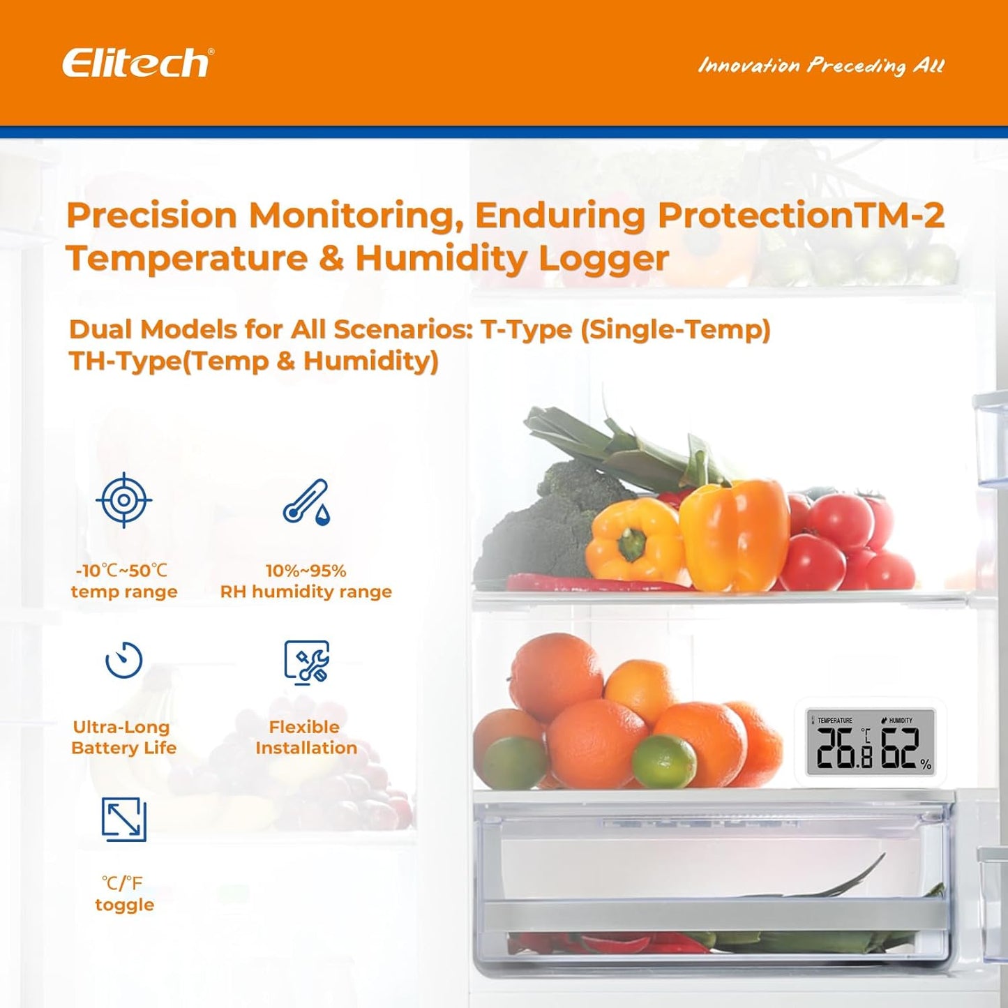 Elitech Fridge Thermometer Hygrometer Digital Freeze Refrigerator Thermometer Waterproof Large LCD Display TM-2TH
