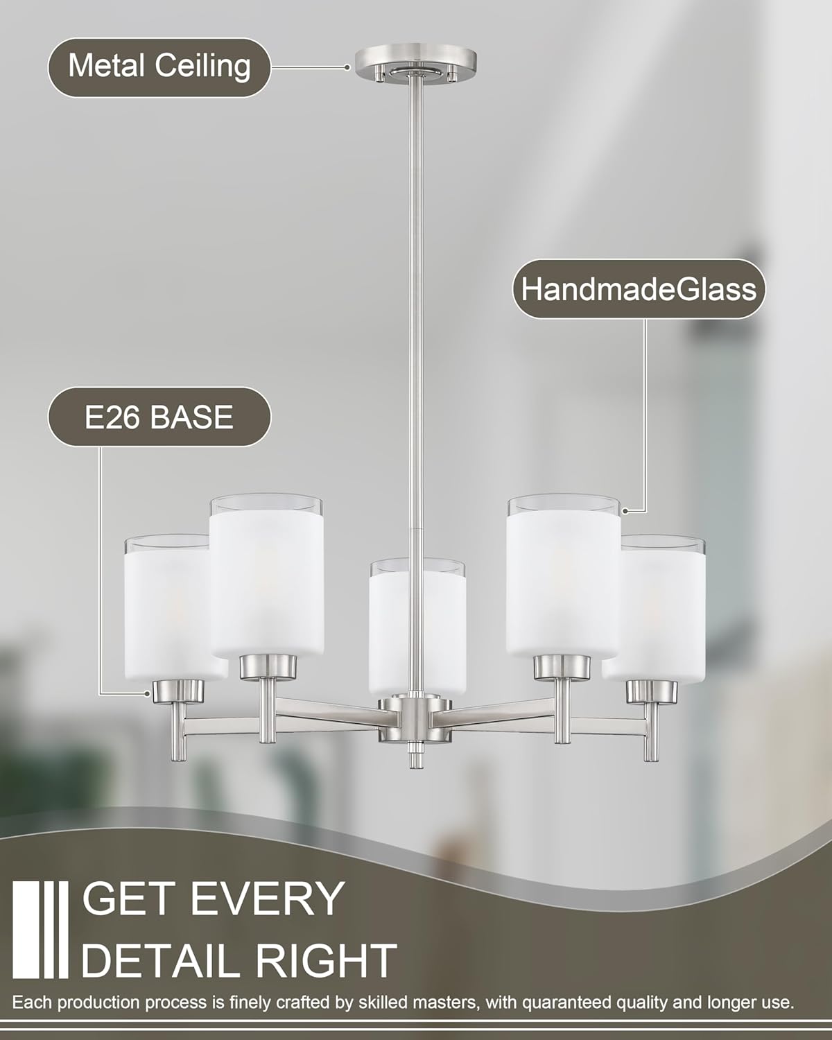 Doraimi Lighting 5 Light Chandelier Brushed Nickel Finish,Classic Style Ceiling Pendant Light Clear Frosted Glass Shade Fixture for Meeting Room Dining Room Over Table Living Room