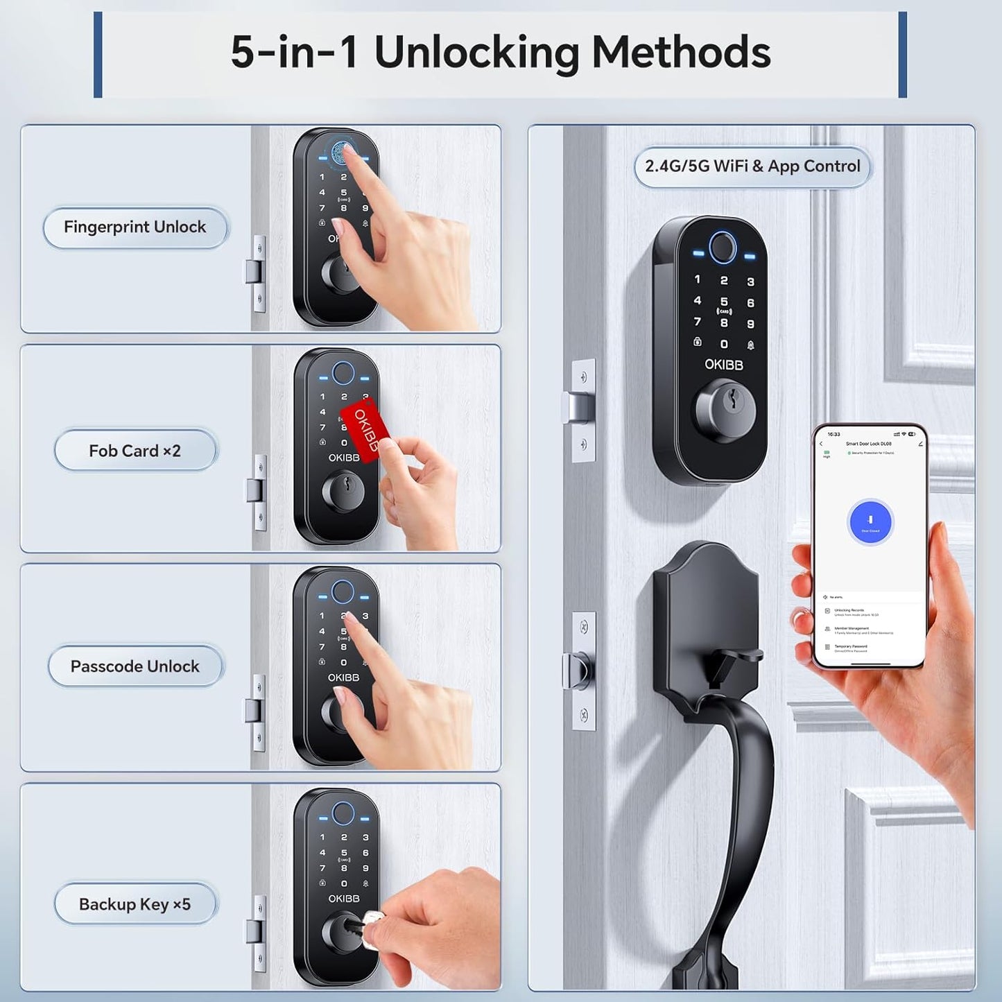 Smart Front Door Lock Set, Built-in WiFi, Keyless Entry Deadbolt with App Remote Control, Electronic Digital Touchscreen Keypad with Lever Handle, Fingerprint/Passcode/Fob/Key Unlock, Auto Lock