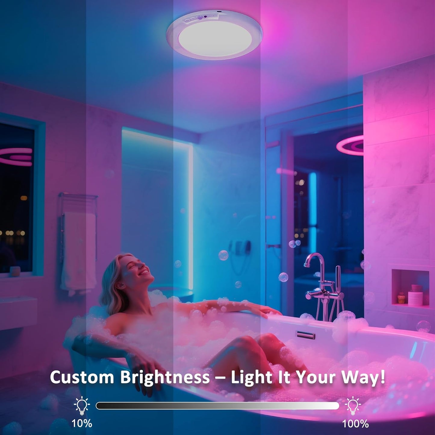 maylit Shower Lights 2 Pack, RGBW Rechargeable Ceiling Light, Waterproof Battery Operated Lamp, Wireless Stick on Inside Motion Sensor Mood LED Lighting for Bathroom No Wiring, Indoor