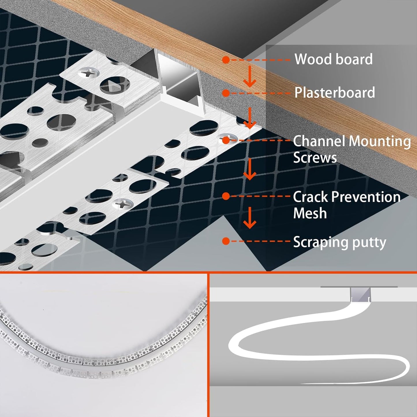 6 Pack Led Diffuser Channel with Milky White Silicone Cover 6.6FT/2M Plaster-in Aluminum Drywall U Shaped Trimless Recessed Track for Strip Light, Flexible Led Profile 45 Degree Bendable