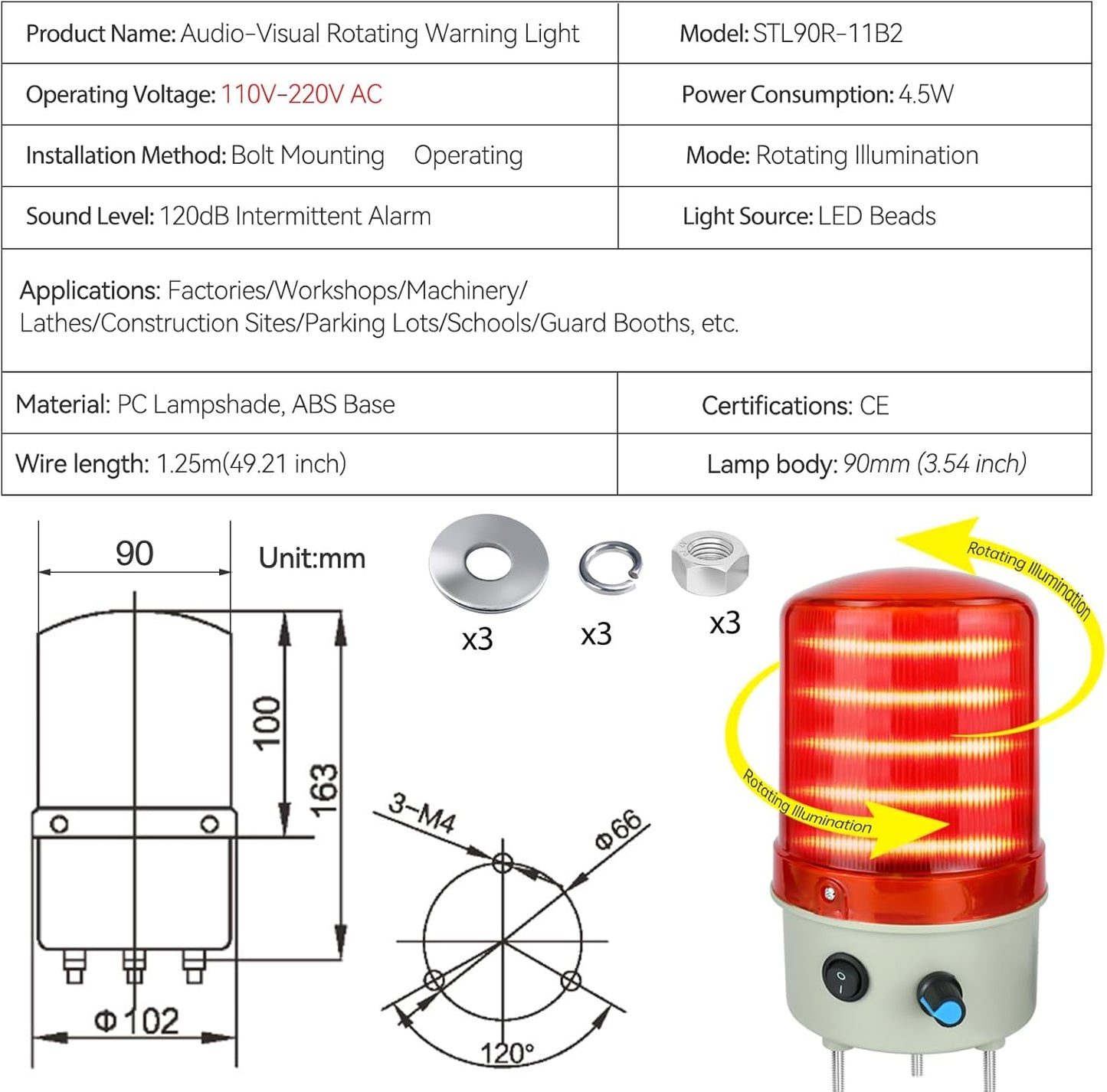 Industrial Warning Light LED Rotating 110V-120V AC Red for Public Emergency Alarms Indoor/Outdoor Safety Siren with Volume Adjustment and Buzzer