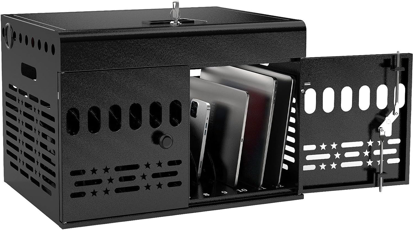12-Device Tablet Charging Station Lock Box, Computer Cabinet with 2 Keys – Multi-Device Charging Cabinet for iPads, Chromebooks, Fire HD & Phones – Office, School, Hospital (Black),Fully Assembled