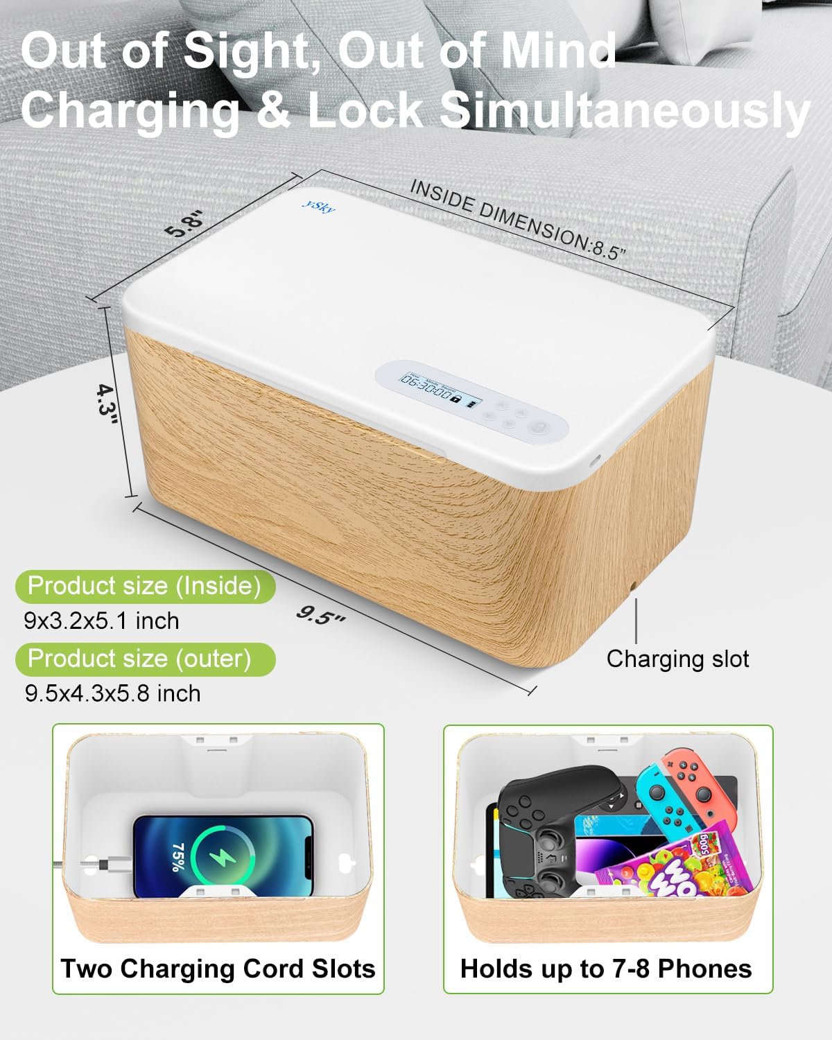 ySky Phone Lock Box with Timer,Safe Timed Lock Box Unplug from Phones,Video Games,Social Media,Snacks&Cravings,SelfControl Storage Box for 8.5 inch iPad,Time Locker Box(woodgrain)