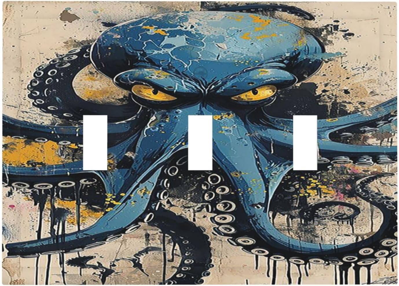 Decorative Switch Plates Nautical Vintage Blue Octopus Yellow Eyes Oil Watercolor 3 Gang Wall Plate Triple Toggle Light Switch Cover Faceplate Electrical Wall Panels for Kids room