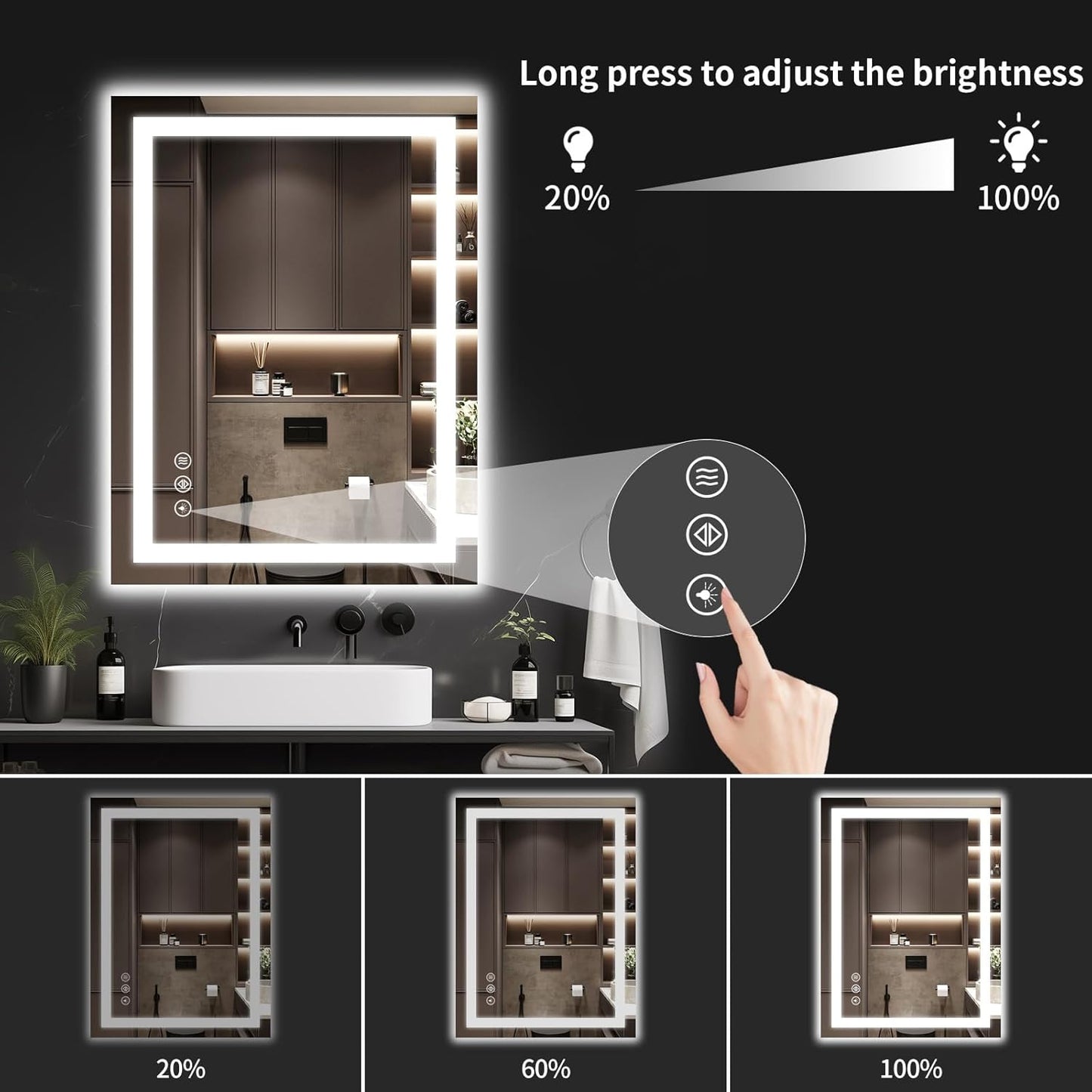 LED Bathroom Mirrors 28"x36" Bathroom Mirror with Lights for Wall, Backlit + Front Lit, 3 Colors, Anti-Fog, Dimmable Brightness for Vanity,Bathroom, Entryway, Living Room