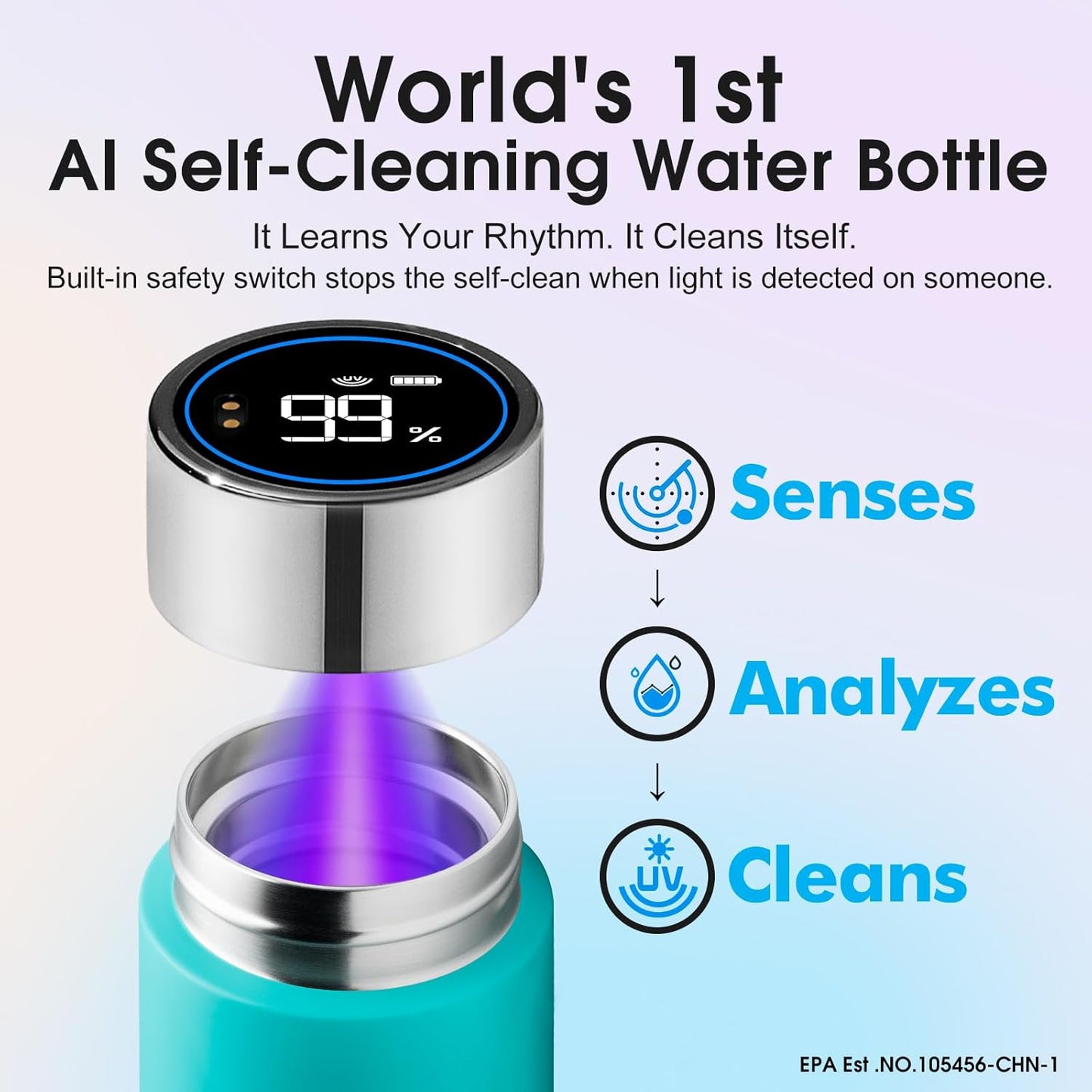 Vsitoo Smart self cleaning Insulated Water Bottle, 8.5oz Stainless Steel Vacuum Flask, AI Self-Clean, 30-Day Battery Life, BPA-Free, Magnetic Charging, Portable Travel Mug Gifts for Men Women, Blue