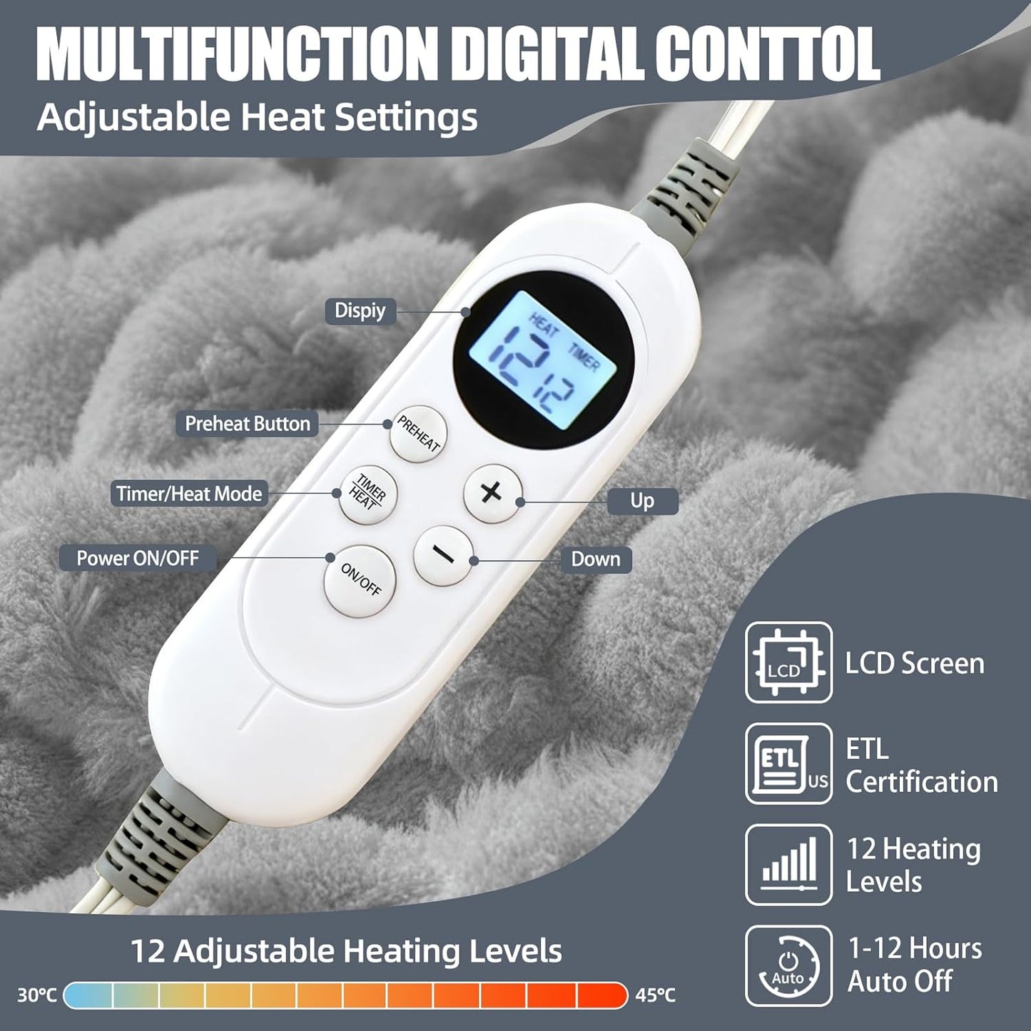 Electric Heated Blanket 90''x100'' – Large Soft Ribbed Faux Fur Fast Heating Blanket with 12 Heat Settings, 1–12H Timer, Overheat Protection ETL & FCC Certified Machine Washable