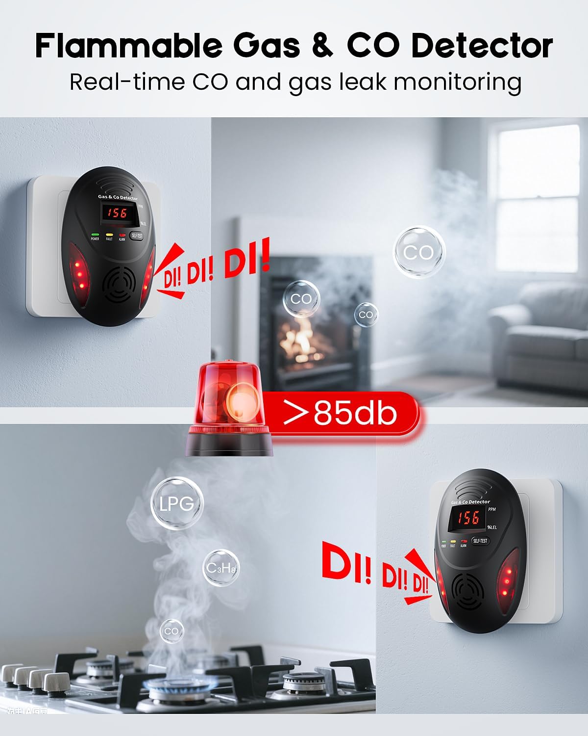 Carbon Monoxide Detectors and Natural Gas Detector, Carbon Monoxide Detectors Plug in, Dual Alarms Gas Leak Detector with Light - Natural, Co Leak Detection for Home, RV Essentials, Black, 1Pcs
