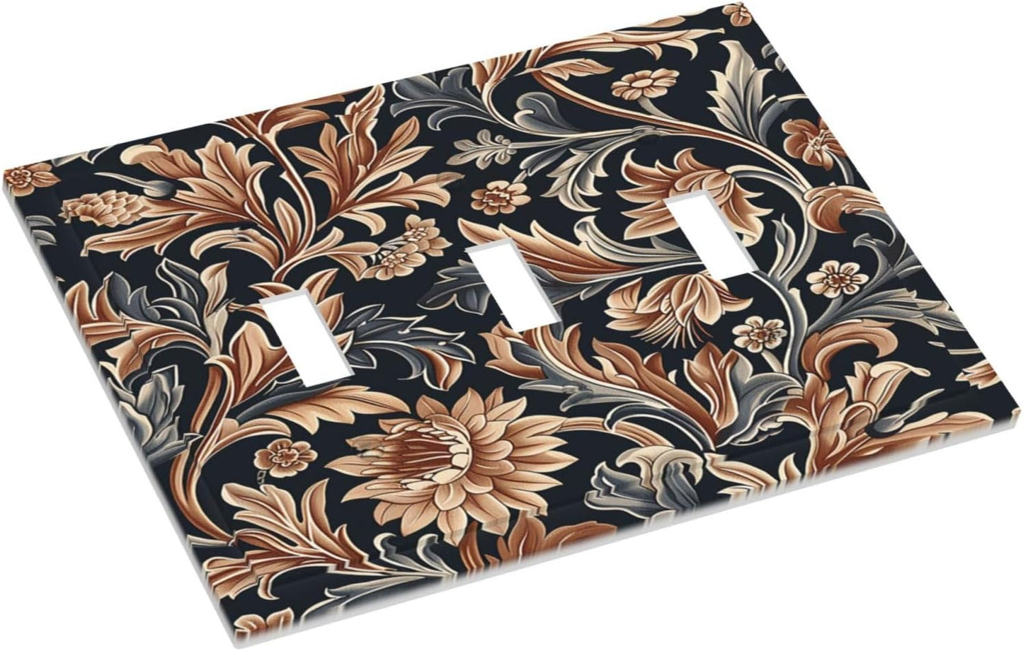 Decorative Switch Plates Vintage Grey Plant Leaves Brown Flowers 3 Gang Wall Plate Triple Toggle Light Switch Cover Faceplate Electrical Wall Panels for Bedroom Home Decor