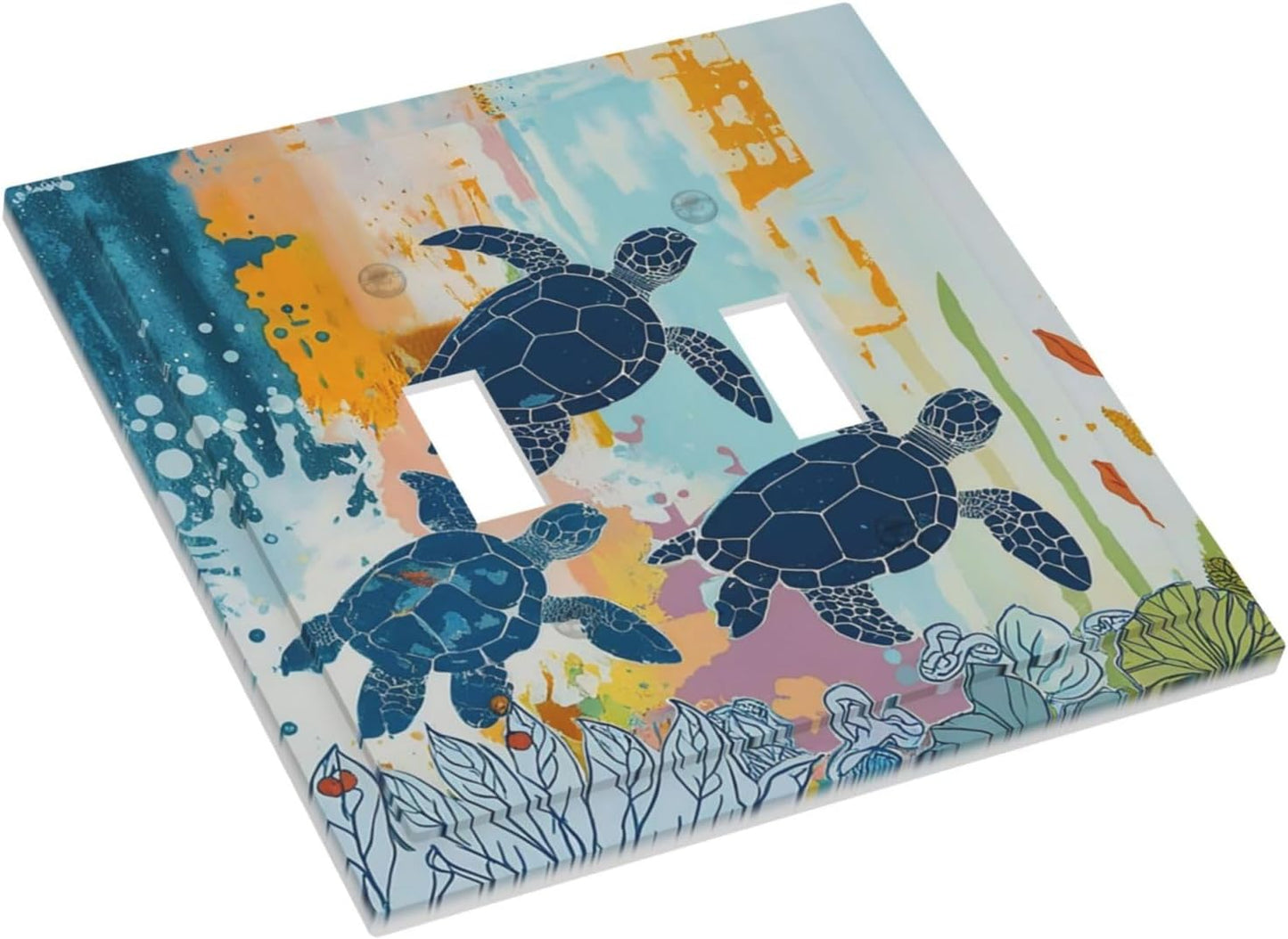 Decorative Switch Plates Colorful Ocean Sea Turtle Marine Life 2 Gang Double Toggle Outlet Light Switch Cover Wall Plate Electrical Faceplate for Kids room Bedroom Decor