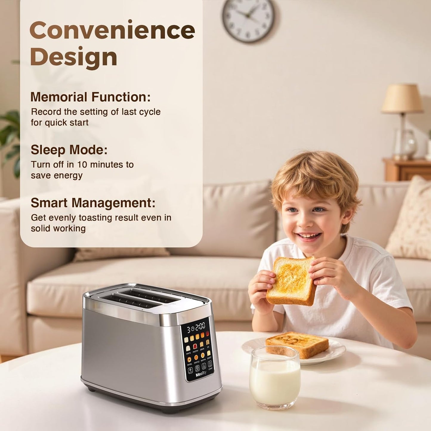 Mecity Motorized Toaster 2 Slice with Touch Screen, Stainless Steel Smart Toaster, 8 Bread Types, 5 Shade Levels, 1200W High Power, Keep Warm Mode, Reheat Defrost Functions, 120V