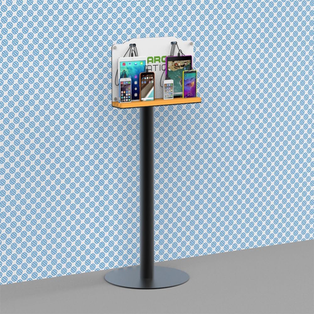 Steady Floor Stand Public Cell Phone Charging Station with 8 Ports High Speed Cables, Multi-Device Charging Shelf with Bamboo Tray, Application for Schools, Office, Business,Events