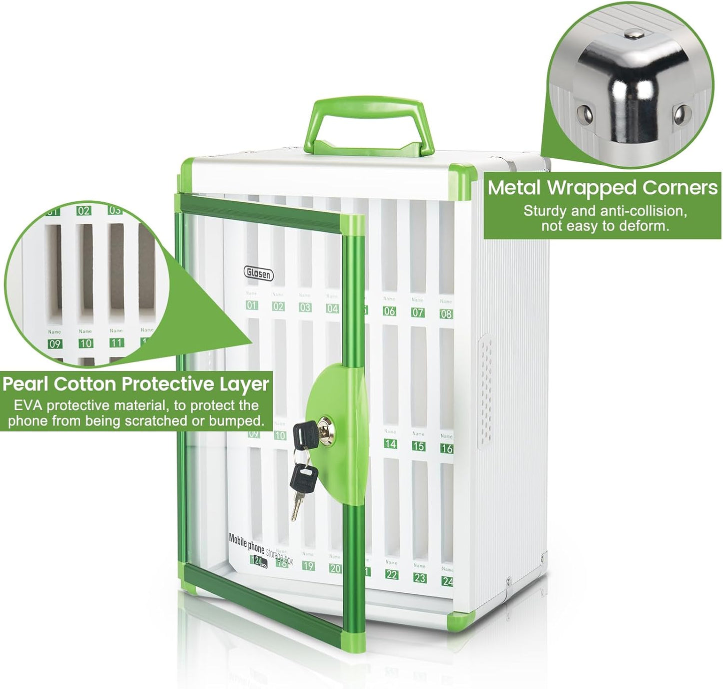 Glosen 24 Slots Cell Phone Locker, Portable Phone Storage Cabinet [Wall Mounted] [Aluminum Alloy] Cellphone Lock Box with Key & Handle for School Classroom Office Exam (Green)