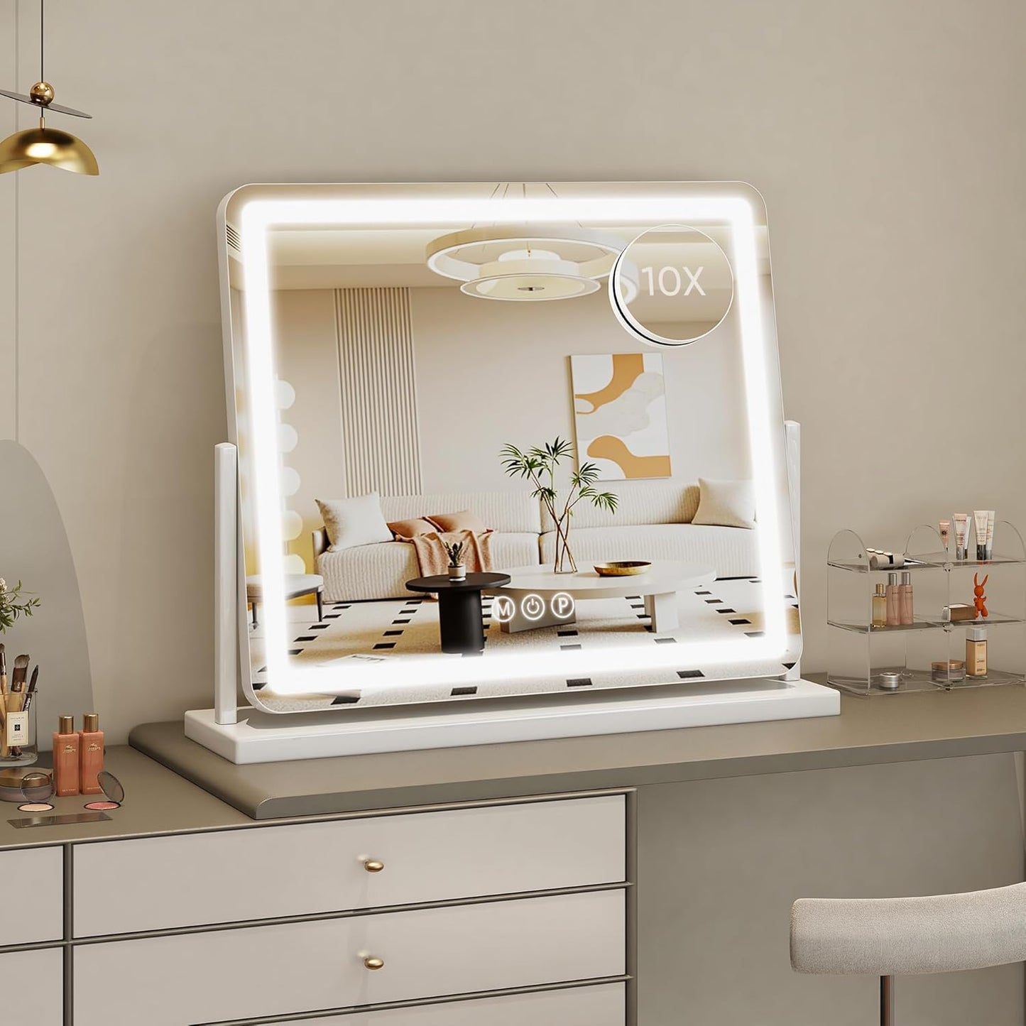 Vanity Mirror with Lights, 22"x19" Hollywood Lighted Makeup Mirror for Tabletop & Bedroom 3 Color Lighting Modes Smart Touch Control 360° Rotation Detachable