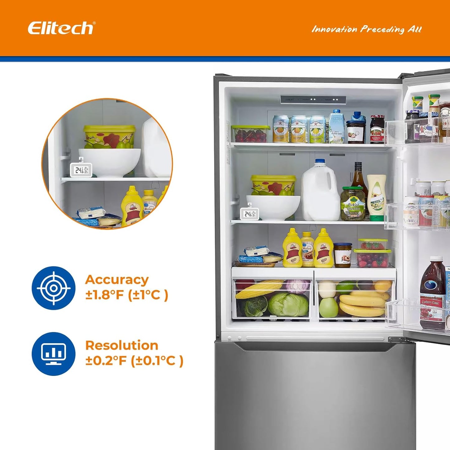 Elitech Fridge Thermometer Digital Freeze Refrigerator Thermometer Waterproof Large LCD Display Max/Min Record Function TM-2T