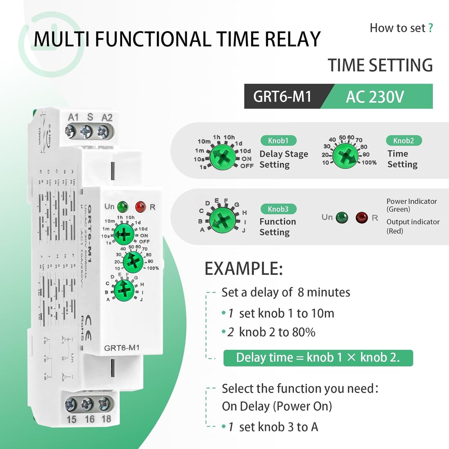 Multifuction Time Relay GRT6 M1 AC 230V with 10 Relay Timer Control Delay Function Mode DIN Rail 10A Electronic Relays of Wide Time Delay Range for 0.1 Seconds to 10 Days