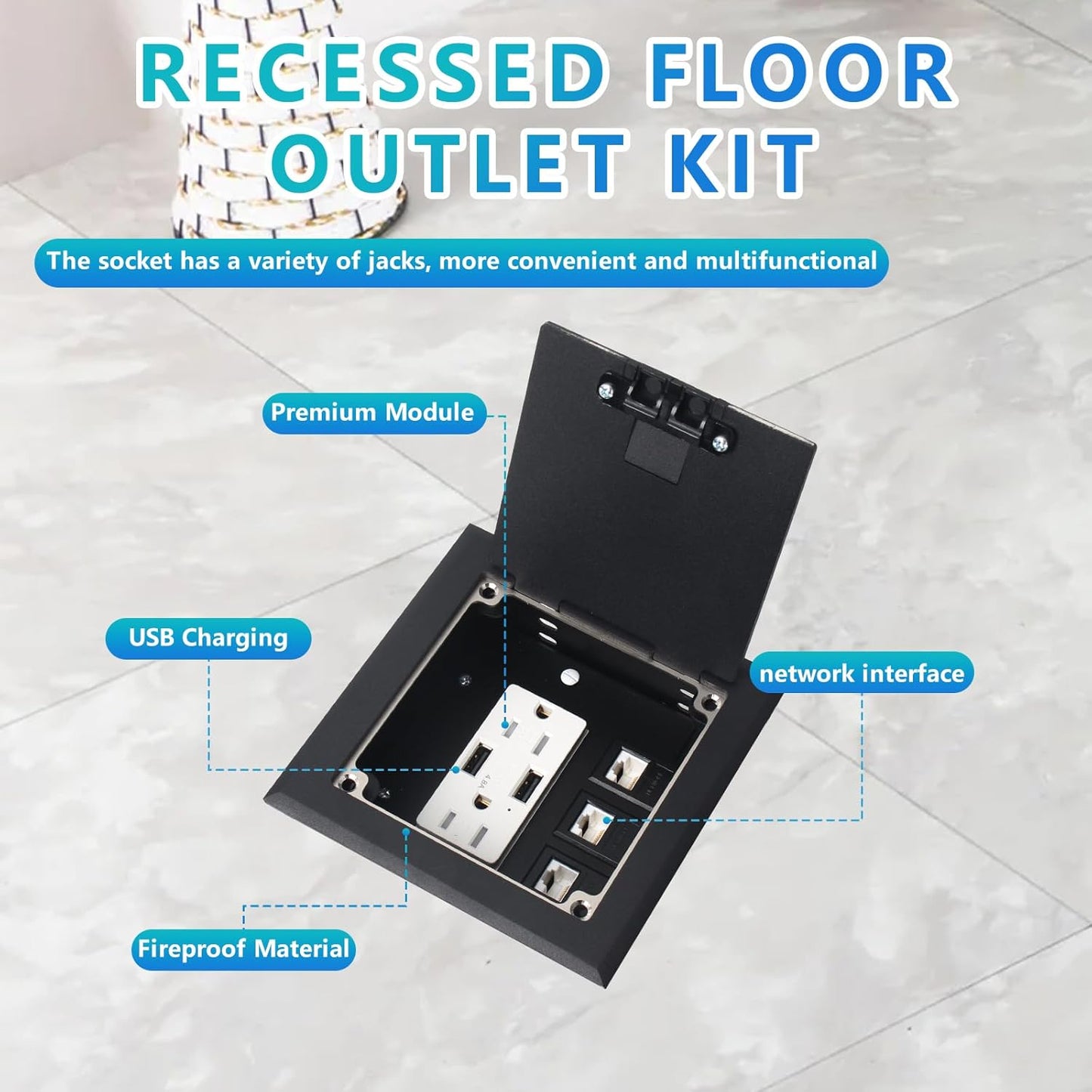 KYHSHJ Recessed Flat Hidden Socket Kit with 2 * 15A Receptacle，4.8A*2 USB-A Ports +3-Port RJ45 Datacom Receptacle. Internal Height Adjustable，Corrosive Resistant Hardware,Black