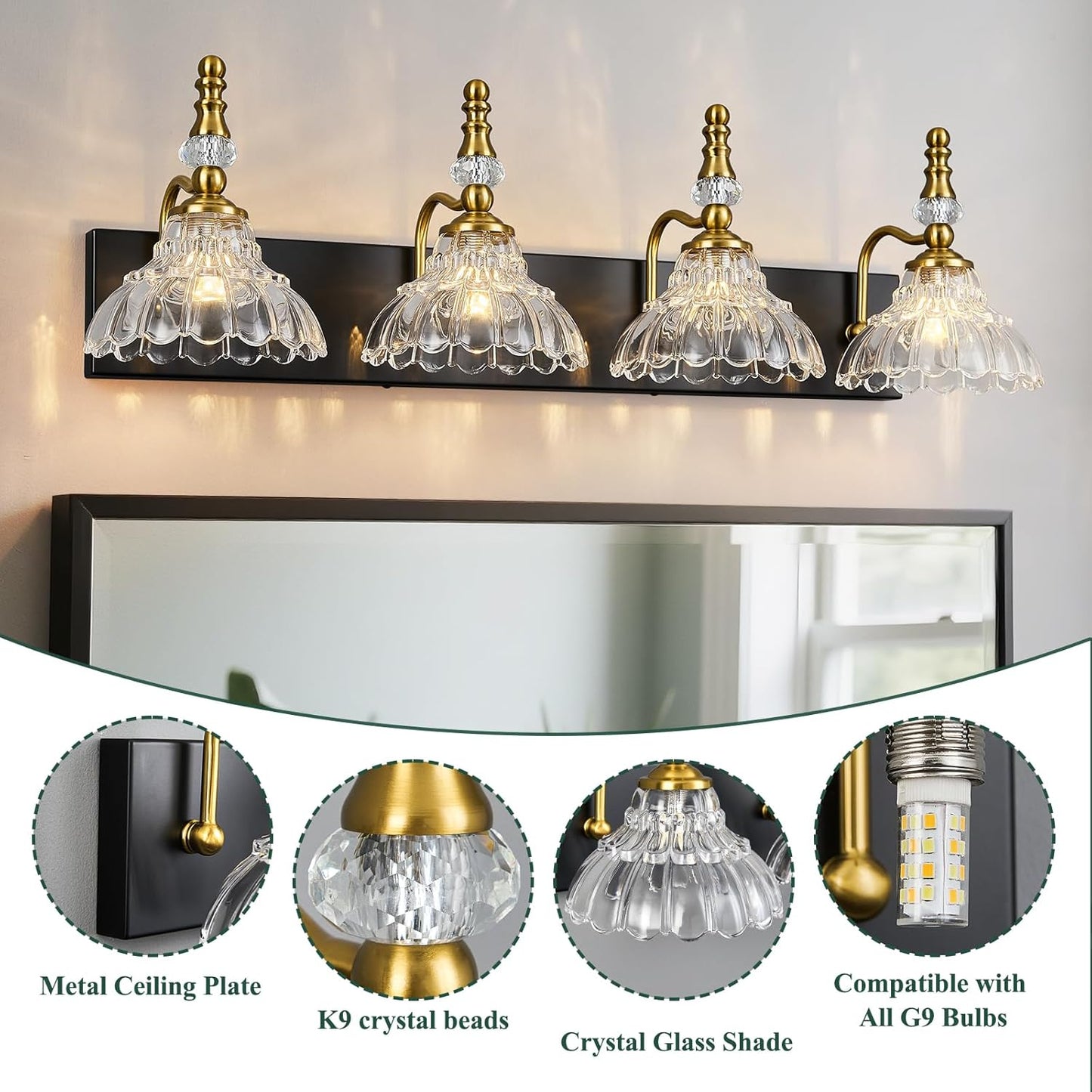 Vintage Bathroom Vanity Light, 4-Light Black Gold Vanity Lighting Fixture with Flower Glass Shade, Bathroom Lighting Fixtures Over Mirror