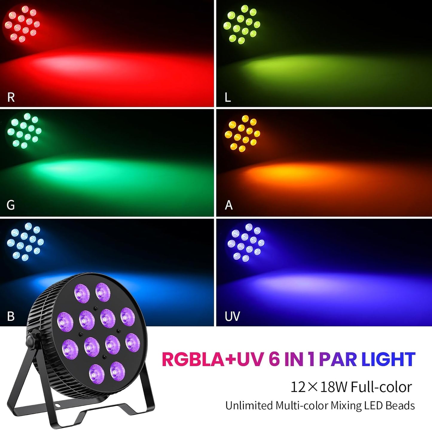 Betopper LED Stage Lights, 12X18W DJ Par Light, RGB+Lime+Amber+UV 6-in-1 Wash/Strobe Effect Stage Lighting, DMX512/Sound Activated Uplighting Lights for DJ, Parties, Concerts, Bars, 2-Pack