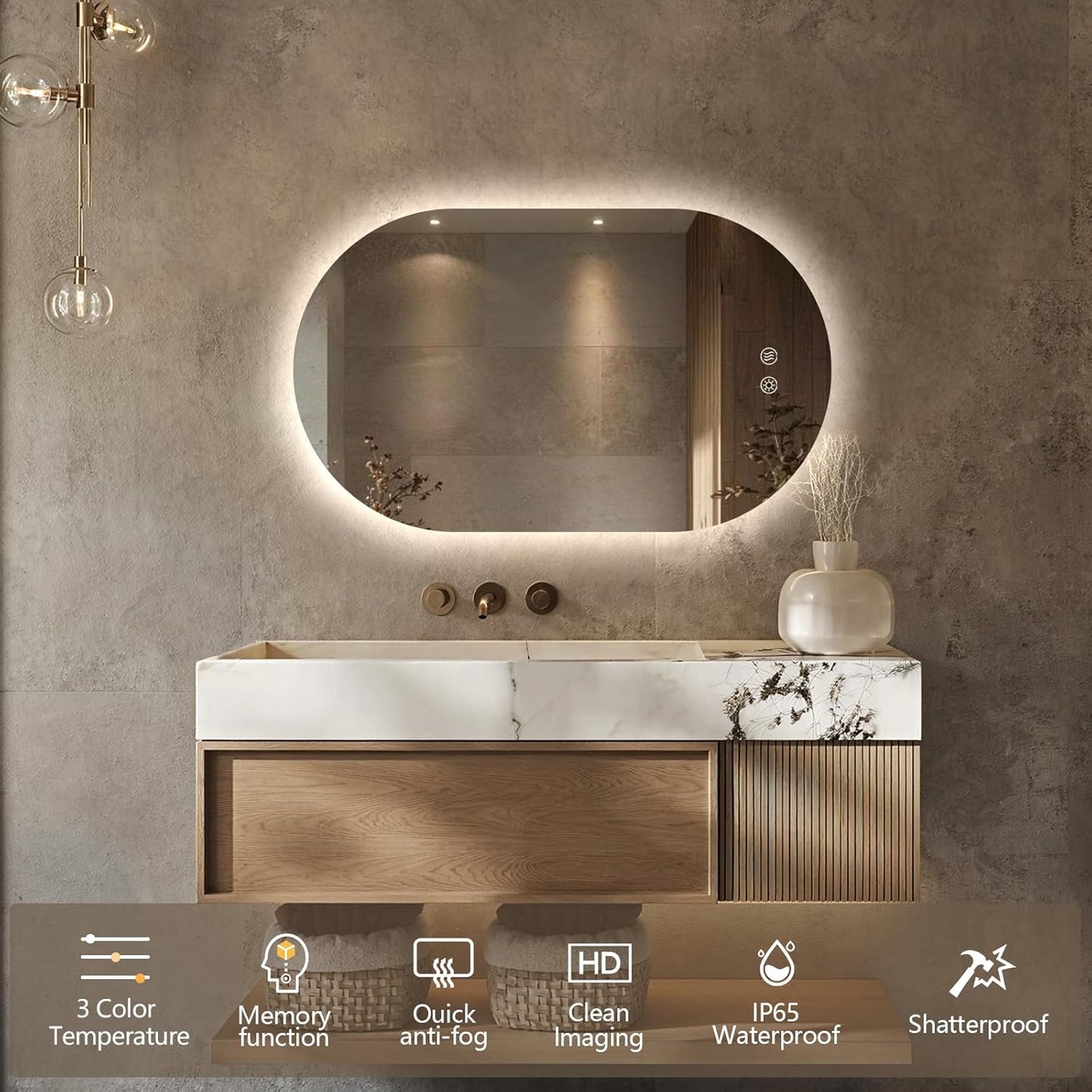 40" x 24" Oval LED Mirror for Bathroom, Backlit Vanity Mirror with Lights, Frameless Smart Wall Mirror, 3 Colors Stepless Dimmable, Anti-Fog, Shatterproof, Memory, CRI95+(Horizontal/Vertical)