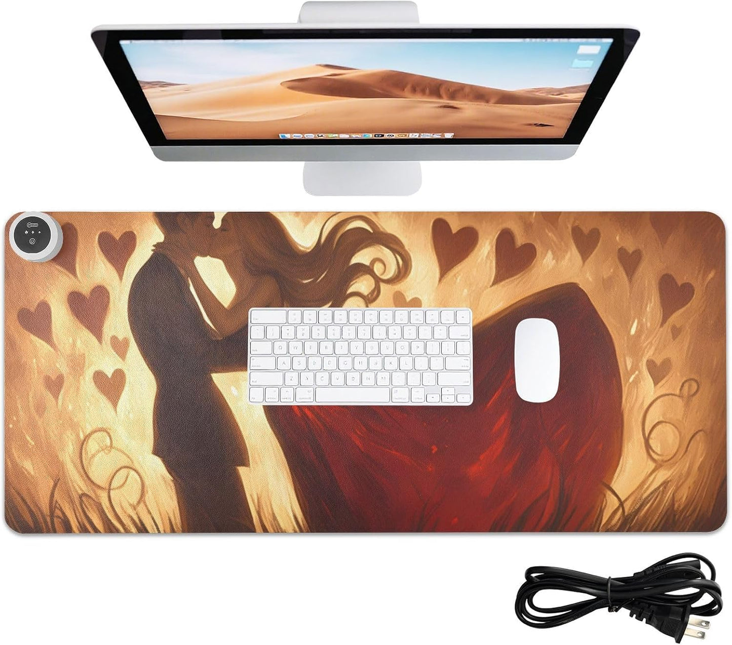 Large Heated Mouse Pad,Leather Desk Mat,31.5"x13",Hand Warmer Pads for Desk,Love(Brown)