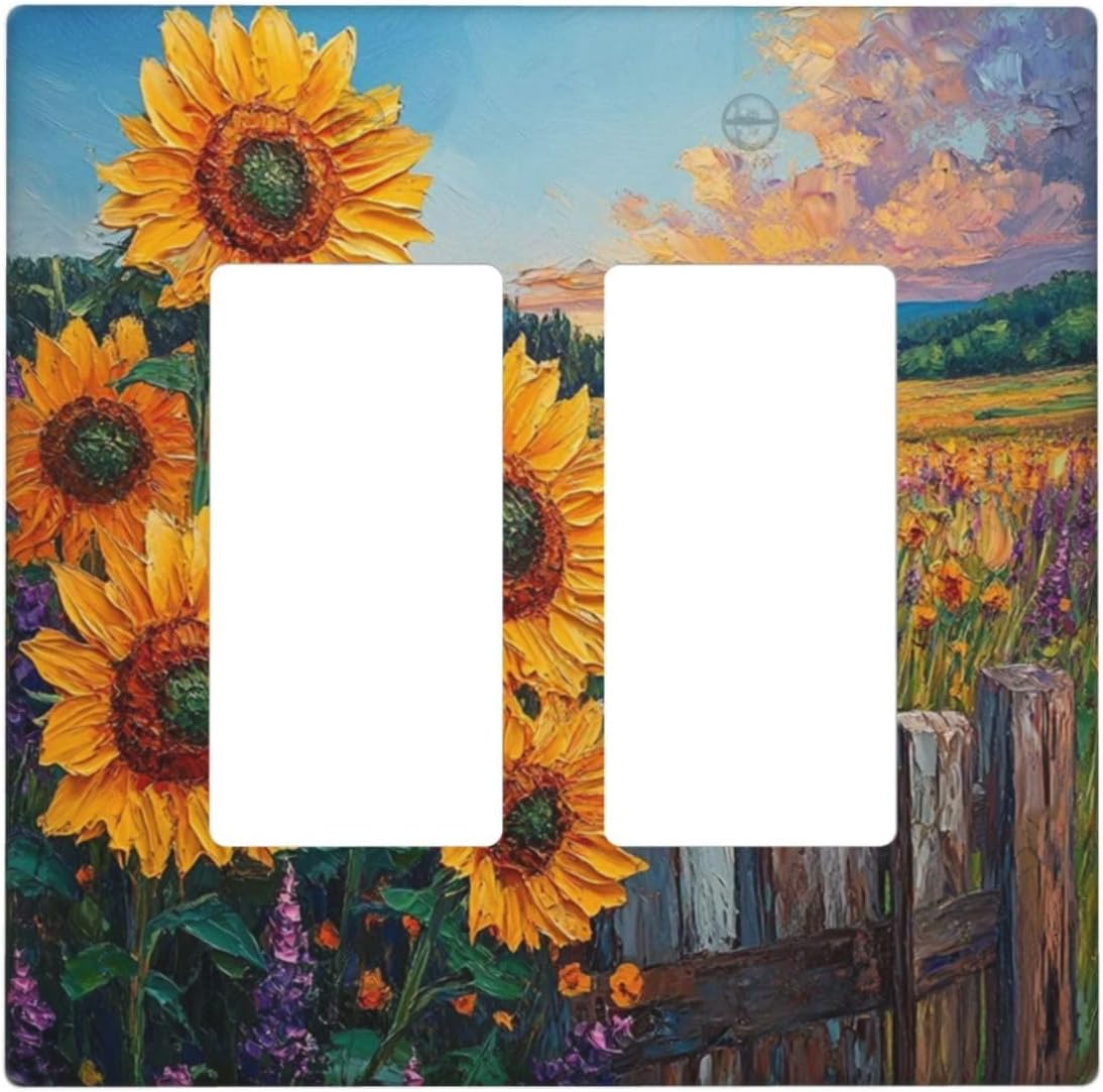 Decorative Outlet Covers Rustic Wilderness Sunflower Lavender Muzha Oil Painting 2 Gang Wall Plate Double Rocker Two Switch Wall Cover Plate Jumbo Dual GFCI Faceplate