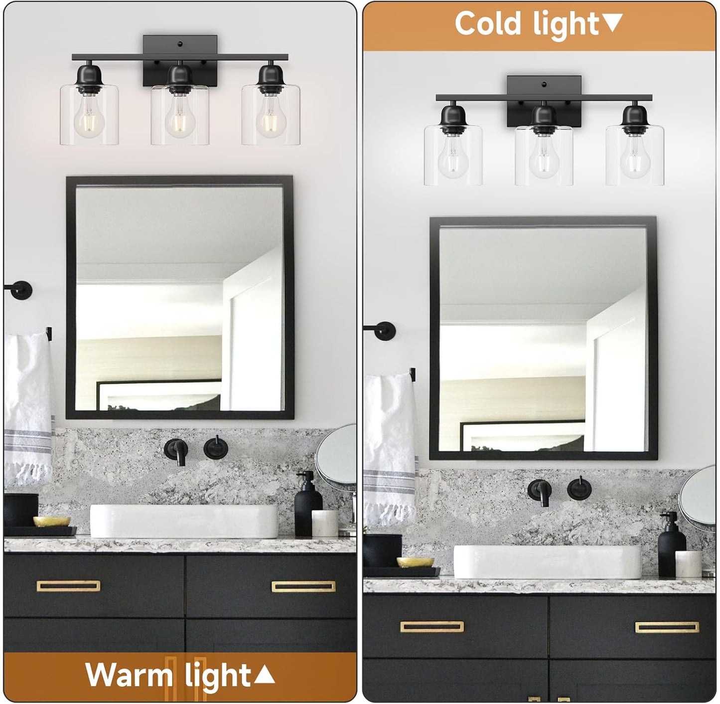 Modern 3 Light Bathroom Light Fixtures, 19 inch Black Vanity Lights For Bathroom With Clear Glass, Bathroom Lighting Fixtures Over Mirror For Mirror Kitchen Living Room Hallway Cabinet Porch