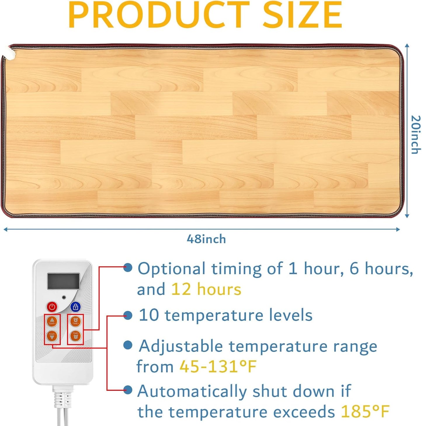 PVC 110V Heated Floor Mat Heater for Foot Warmer Under Desk 48 x 20 Inch Carbon Crystal Wood Stripe Electric Heating Carpet Pad Energy Saving Indoor Heated Rug for Home Office House Brown