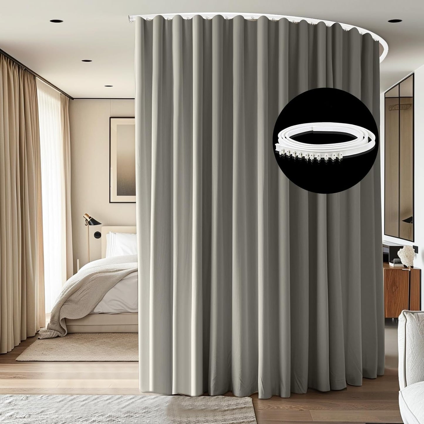 Room Divider Ceiling Mounted Curtains Track Sets Extra Wide Blackout Curtain Flexible Tracks for Bedroom Privacy Partition Separator, 1 Panel Light Grey Drape and White Rail, W8.3 x H10ft