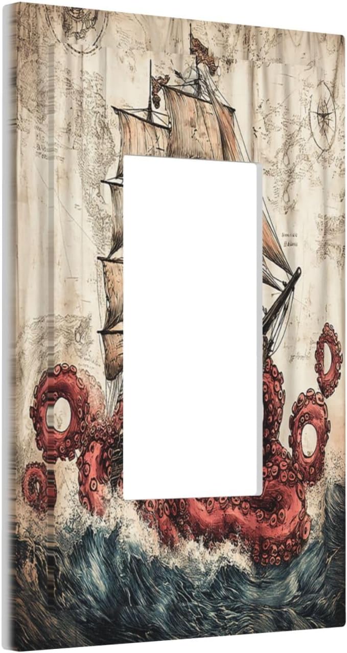 Decorative Outlet Covers Vintage Octopus Ocean Sailboat Bizarre Adventure 1 Gang Single Rocker Light Switch Cover Plate Wall Plates GFCI Faceplate for Bathroom Kids room Decor