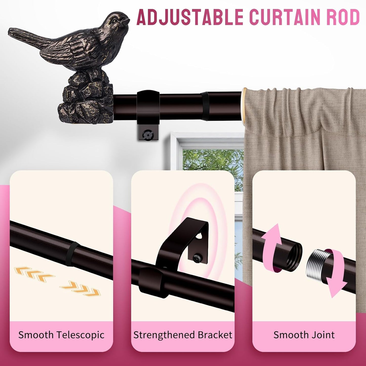 Curtain Rods for Window 36 to 72 Inches Vintage Bronze Curtain Rod with Bird Finials Adjustable Drapery Rod Heavy Duty Curtains Rods for Living Room Kitchen Window
