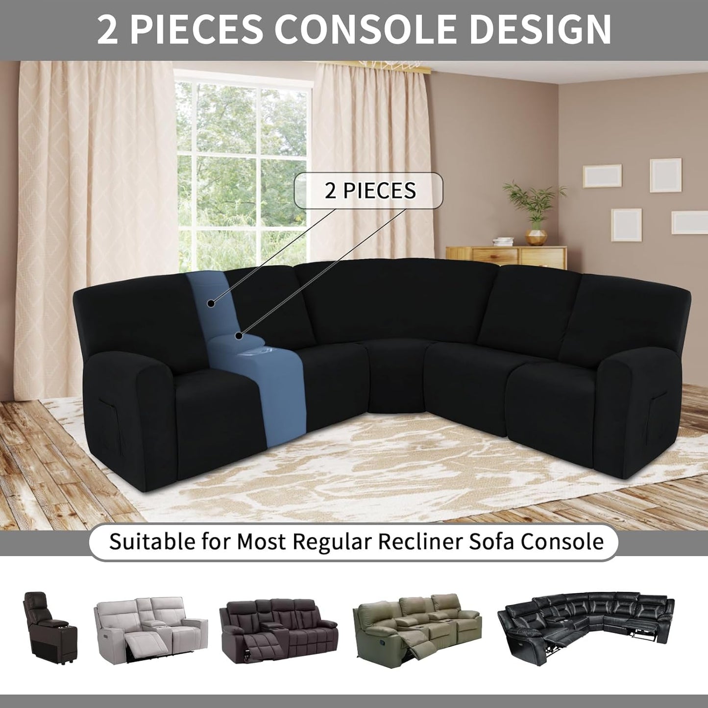 Easy-Going 100% Waterproof Recliner Console Cover, Stretch Middle Console Couch Covers for Reclining Sofas, Sectional L-Shape Furniture Protector for Kids & Pets, 1 Console Cover, Black