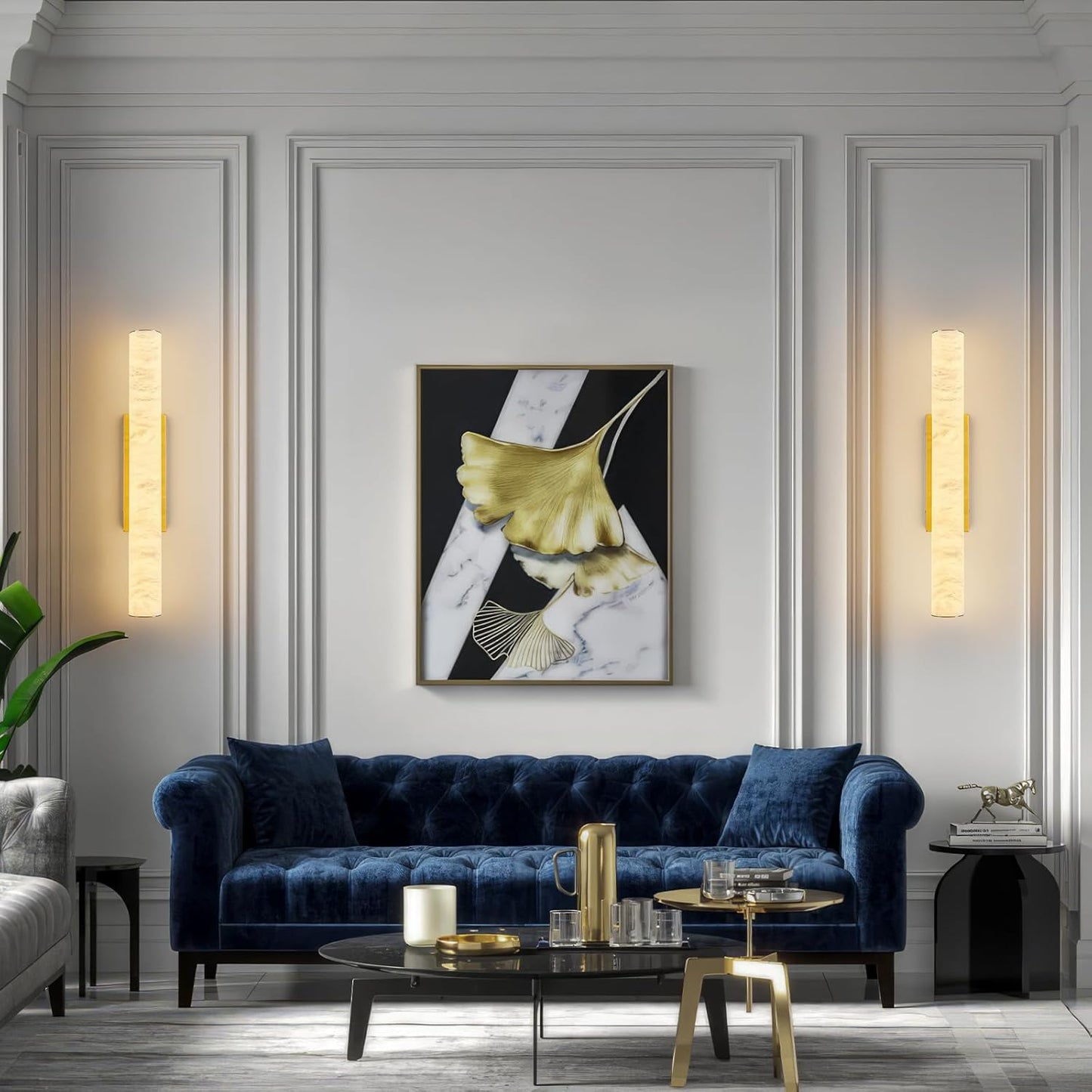 LMQNINE Natural Alabaster Wall Sconces Set of Two Spanish Marble Wall Light Cylinder Modern Gold LED Sconce for Living Room Bedroom Bathroo Stairs（M-2Pack）