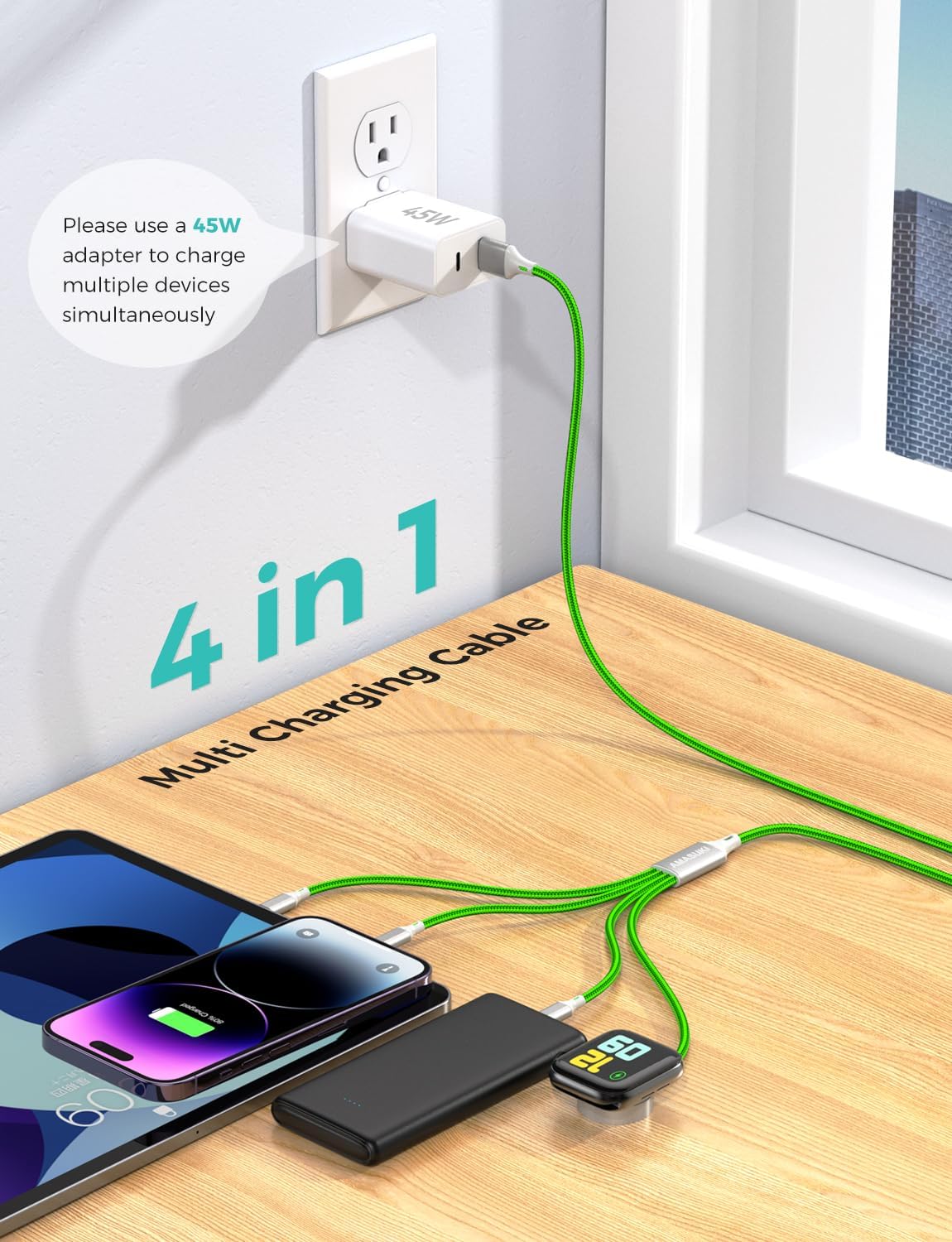 Travel Essentials,4 in 1 for Apple Watch Charger/iPhone Charger/Multi Charging Cable,Vacation RV Camping Essentials,USB C/L/Micro Portable Charger for iWatch 11-1/iPhone 17-12,Car&Gift-Green