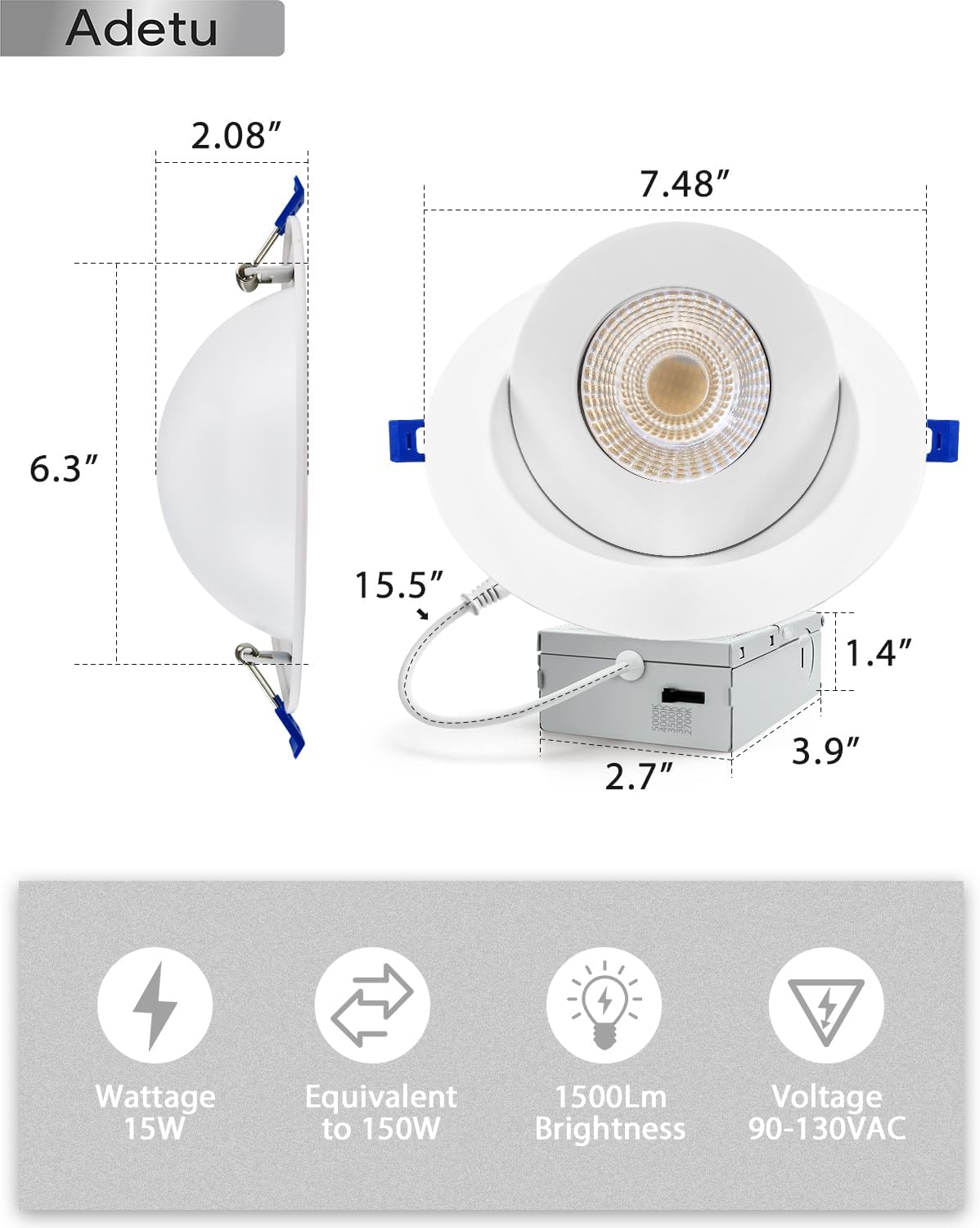Adetu 6 Inch 360+90 Adjustable Directional Gimbal LED Recessed Lights, 5CCT Dimmable Retrofit Eyeball Can Recessed Lights with Jbox, White (6 Pack)
