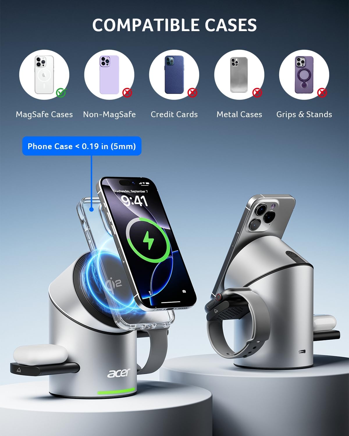 Acer S2 3 in 1 Charging Station for Apple - Qi2 15W iPhone Wireless Charging Station, Magsafe Charger Stand for iPhone 17 16 15 14 13 12 - Apple Watch - Airpods Series (Charger & USB-C Included)