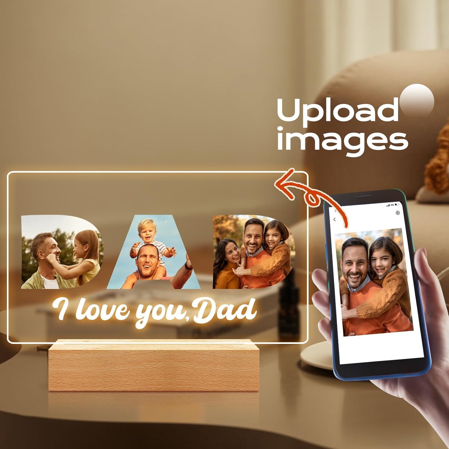 Custom Dad Picture Frame with Photo, Personalized Photo Frame with Night Light, Customized Picture Frames, Personalized Valentines Day Gifts for Dad from Daughter & Son