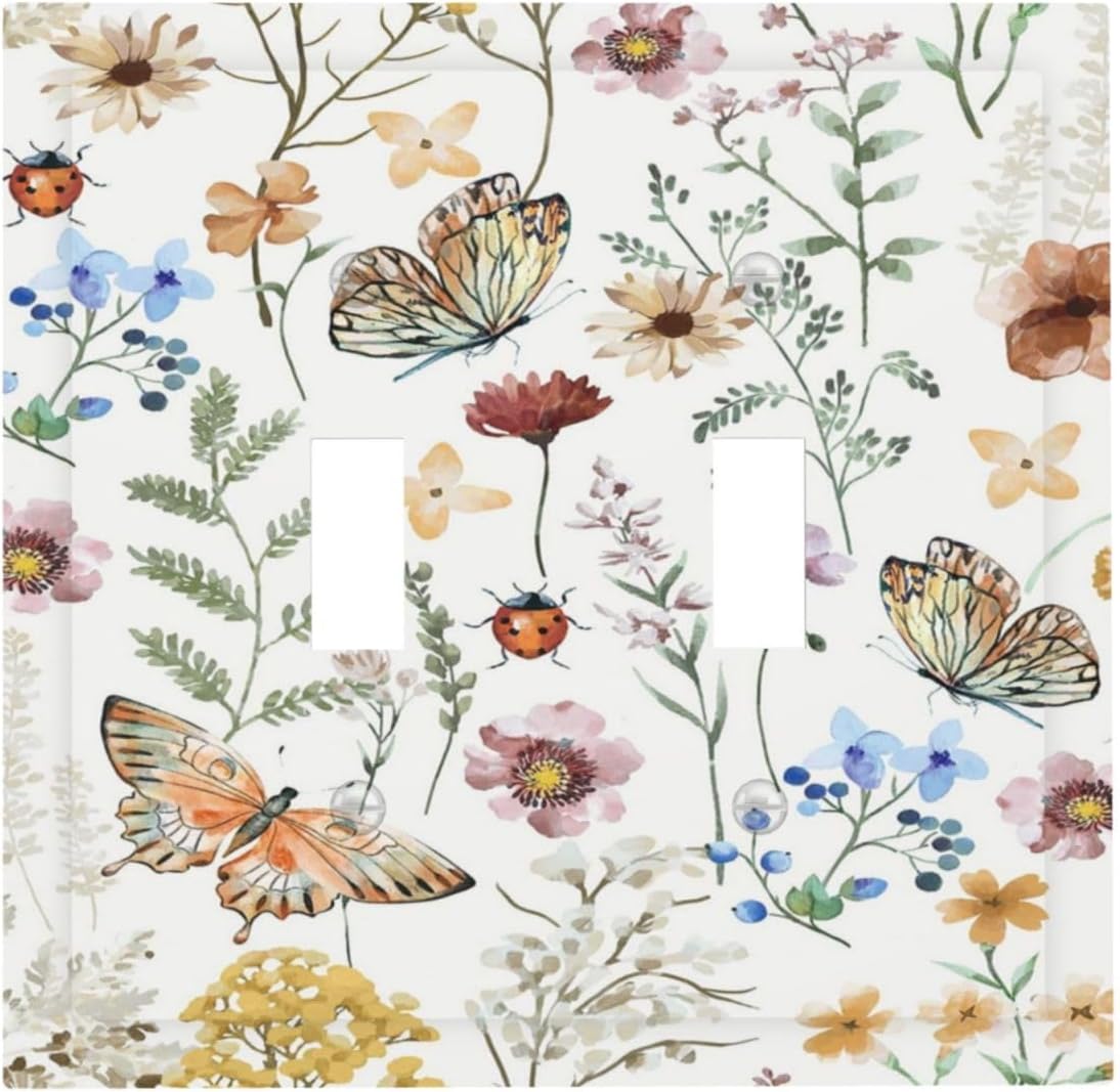 Decorative Light Switch Cover Boho White Background Butterfly Rustic Flower Double Toggle Personalized Wall Plate Switchplate 2 Gang Switchcovers Decora Light Switch Plate