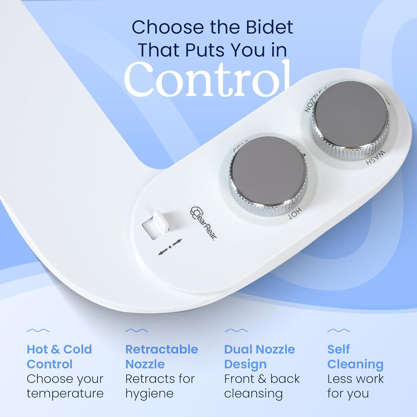 CLEAR REAR Bidet Attachment for Toilet Seat - Non-Electric, Self-Cleaning Dual Nozzle, Adjustable Water Pressure, Rear & Feminine Wash Hygienic Upgrades - Fits Elongated Toilets (Cold & Warm Water)