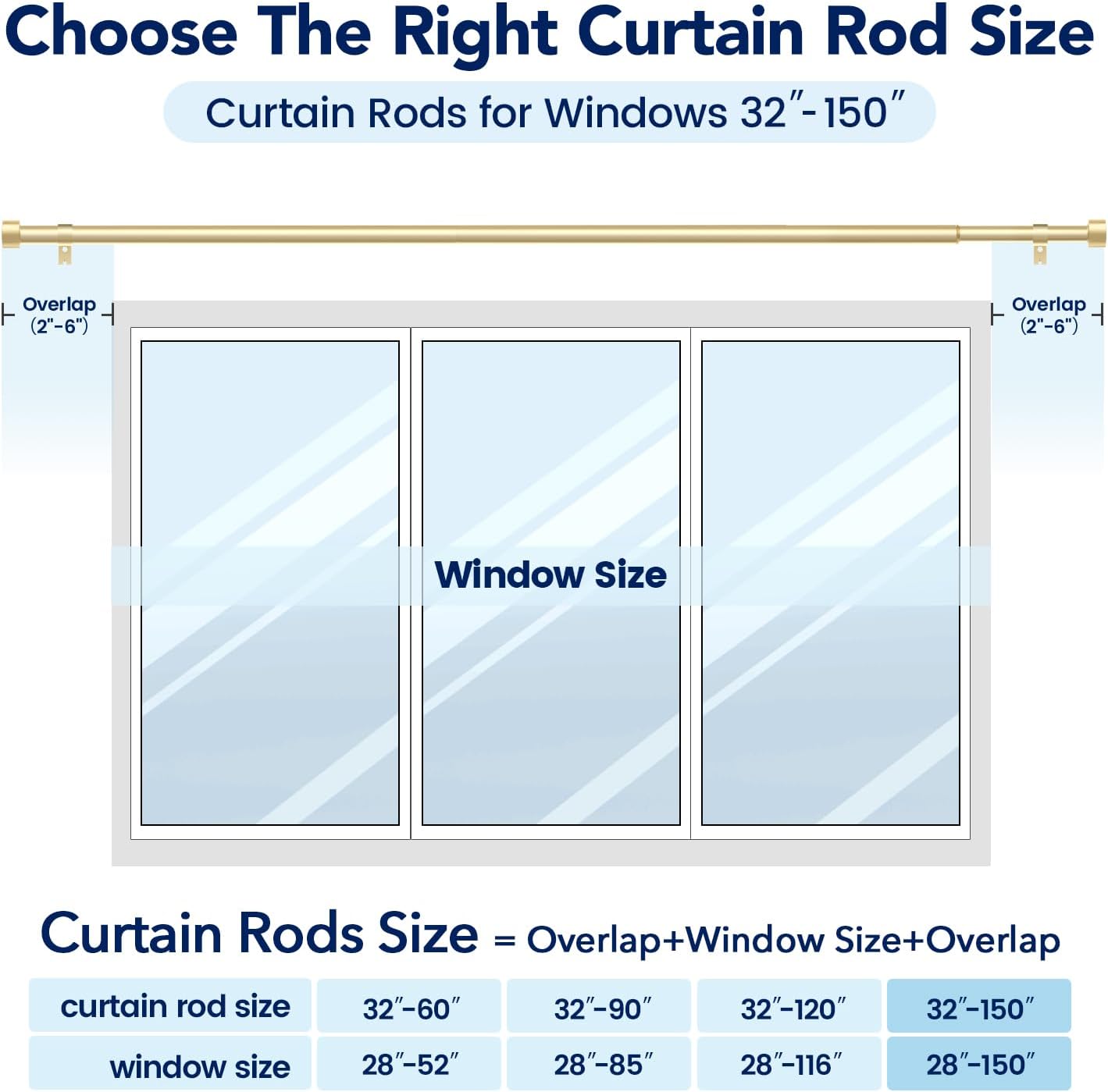 2 Pack Curtain Rods for Windows 72 to 144 Inch, 1 Inch Gold Curtain Rods Set, Adjustable Heavy Duty Outdoor Curtain Rod for Patio Bedroom, Drapery Rods with End Cap, Size 32"- 150"