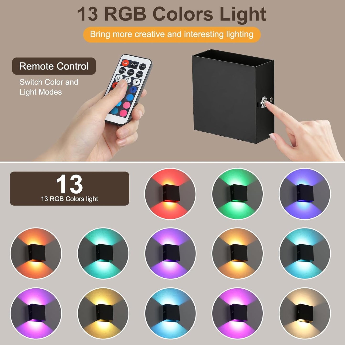 Lightess RGB Battery Operated Wall Sconce with Remote, Dimmable LED Wall Light Rechargeable, Up Down Wall Mount Lights for Hallway Living Room, Black, LG9945887