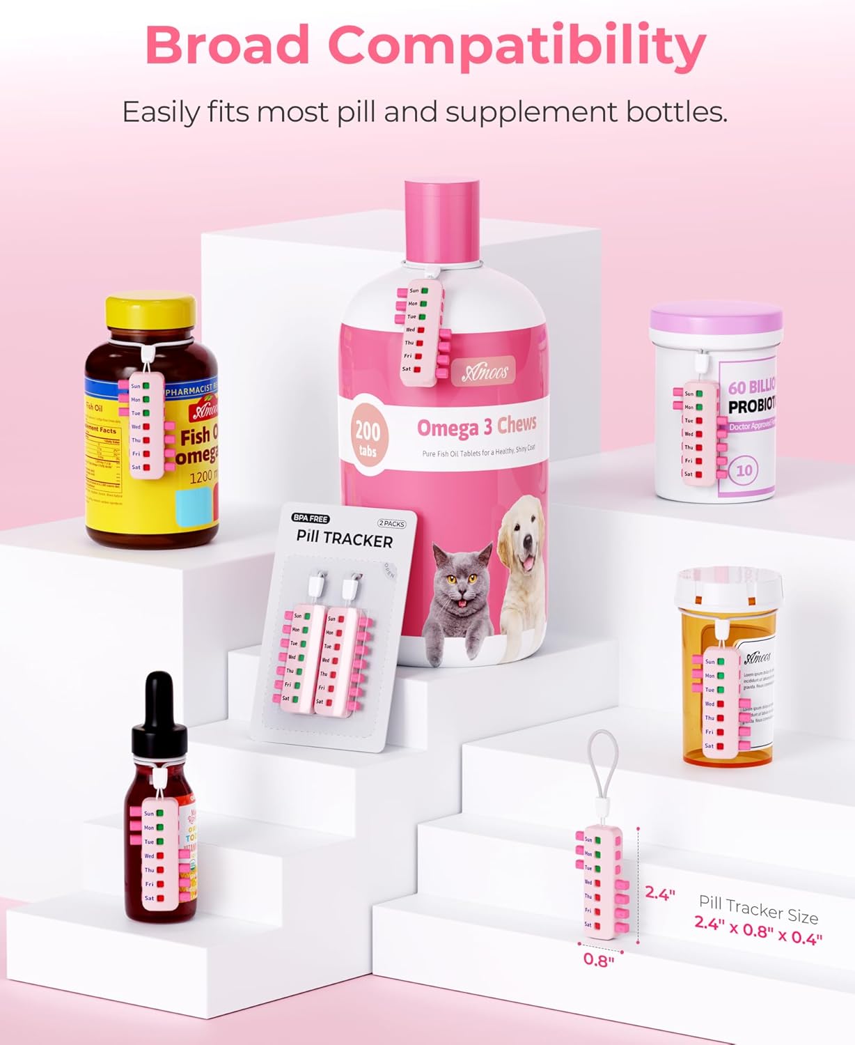 Pill Reminder for Easy Tracking Without Refills, Reusable Pill Tracker for Vairous Bottles, Arthritis-Friendly & Anti-Slide Medication Tracker, Compact Medicine Reminder for Pet Meds, Pink, 2-Pack